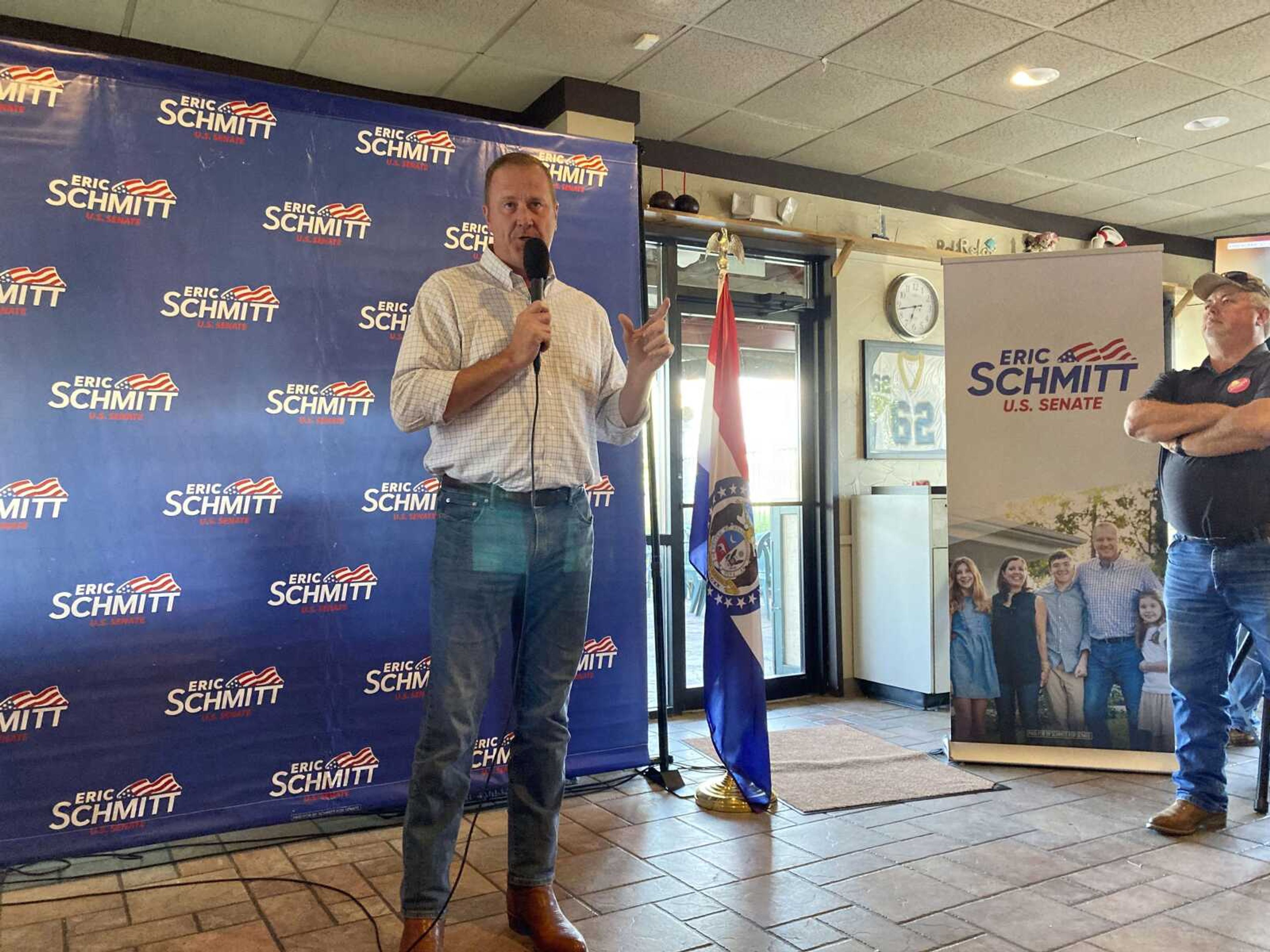 Missouri Attorney General and U.S. Senate candidate Eric Schmitt speaks at a campaign rally Wednesday at a bar in Columbia, Missouri.