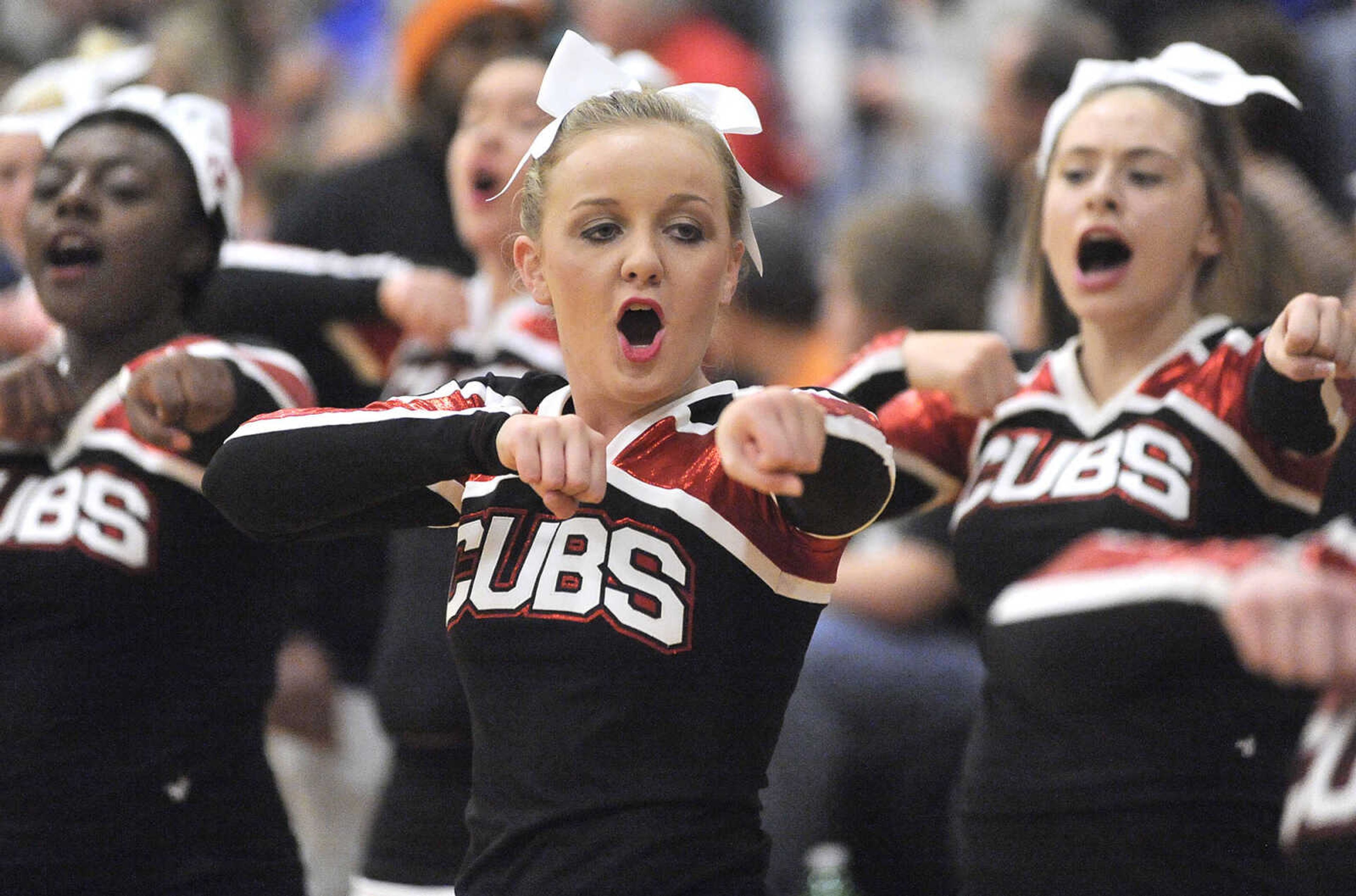 FRED LYNCH ~ flynch@semissourian.com
Bell City cheerleaders support the Cubs during the first-round game with Oran in the Oran Invitational Tournament on Tuesday, Nov. 29, 2016 in Oran, Missouri.