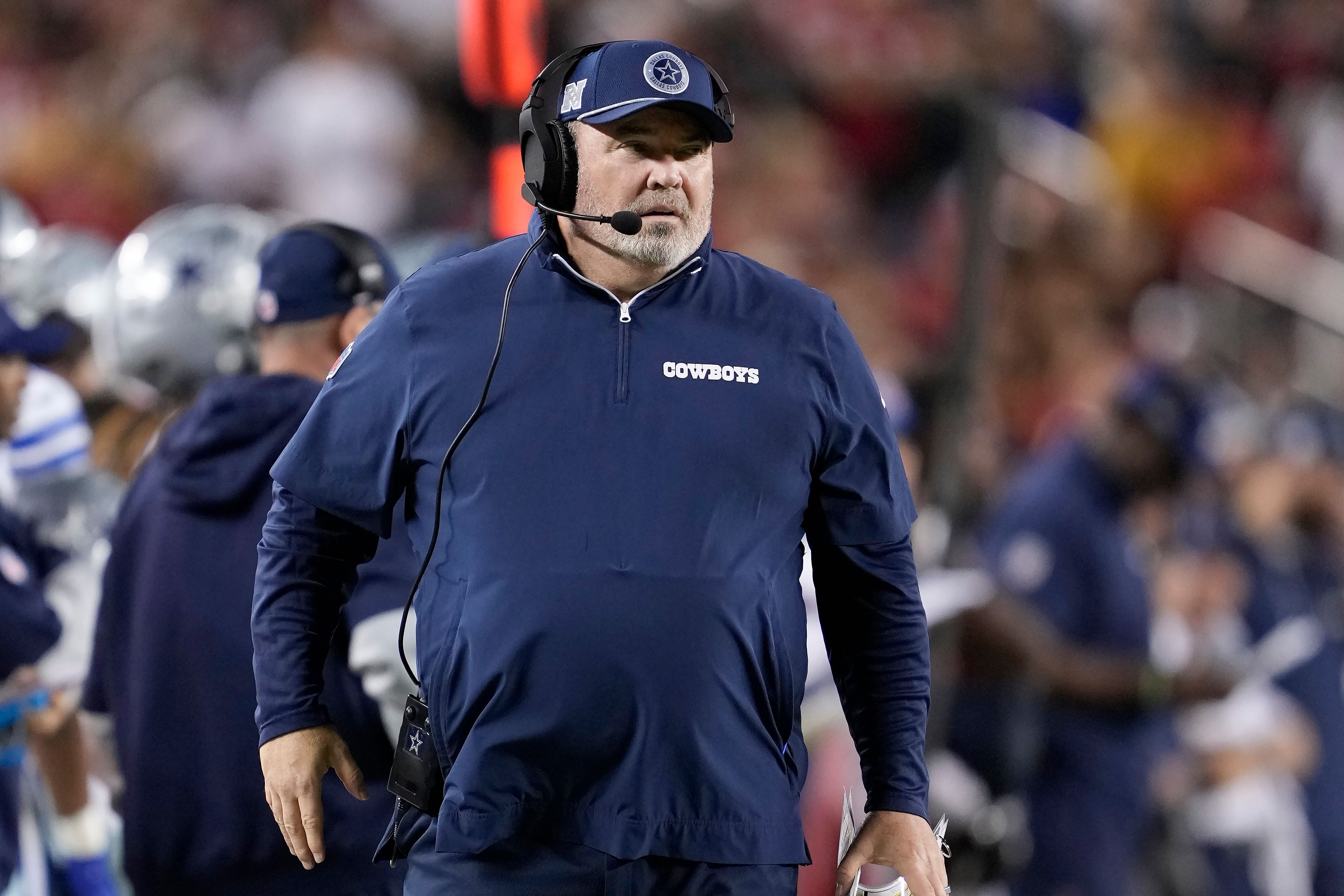 Dallas Cowboys head coach Mike McCarthy watches from the sideline during the first half of an NFL football game against the San Francisco 49ers in Santa Clara, Calif., Sunday, Oct. 27, 2024. (AP Photo/Tony Avelar)