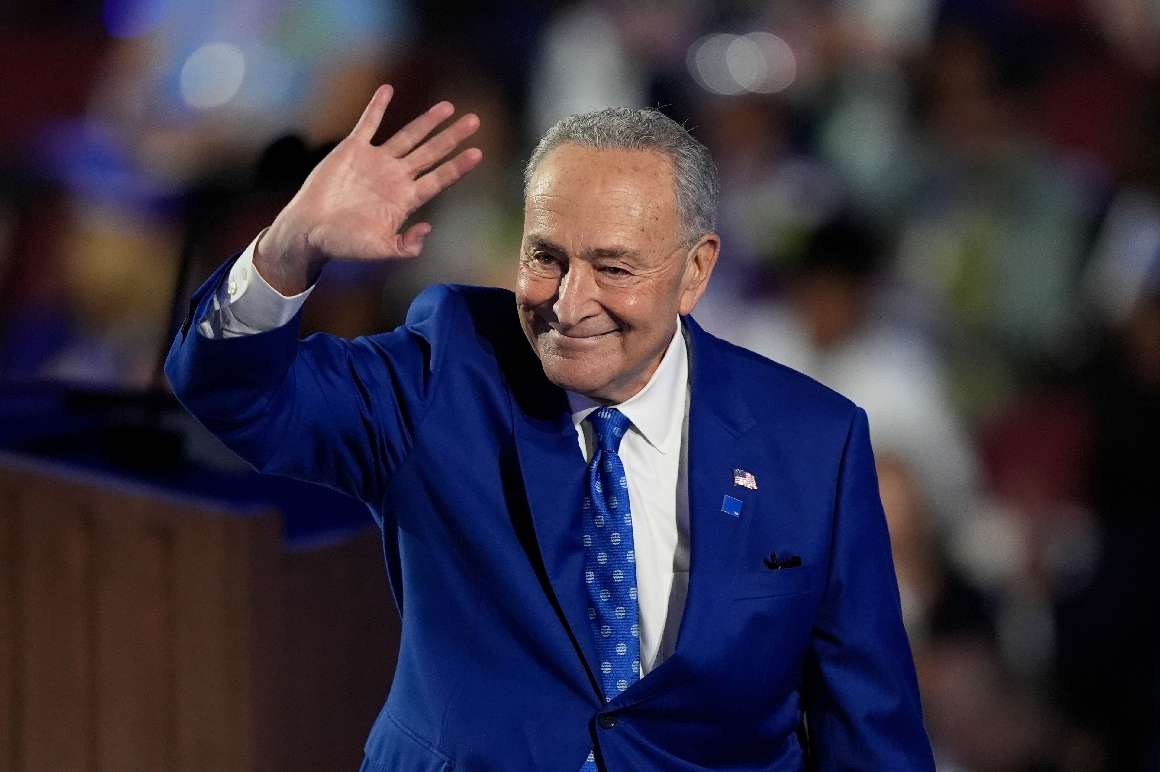 Sen. Chuck Schumer, D-NY., speaks during the Democratic National Convention Tuesday, Aug. 20, 2024, in Chicago. (AP Photo/Charles Rex Arbogast)