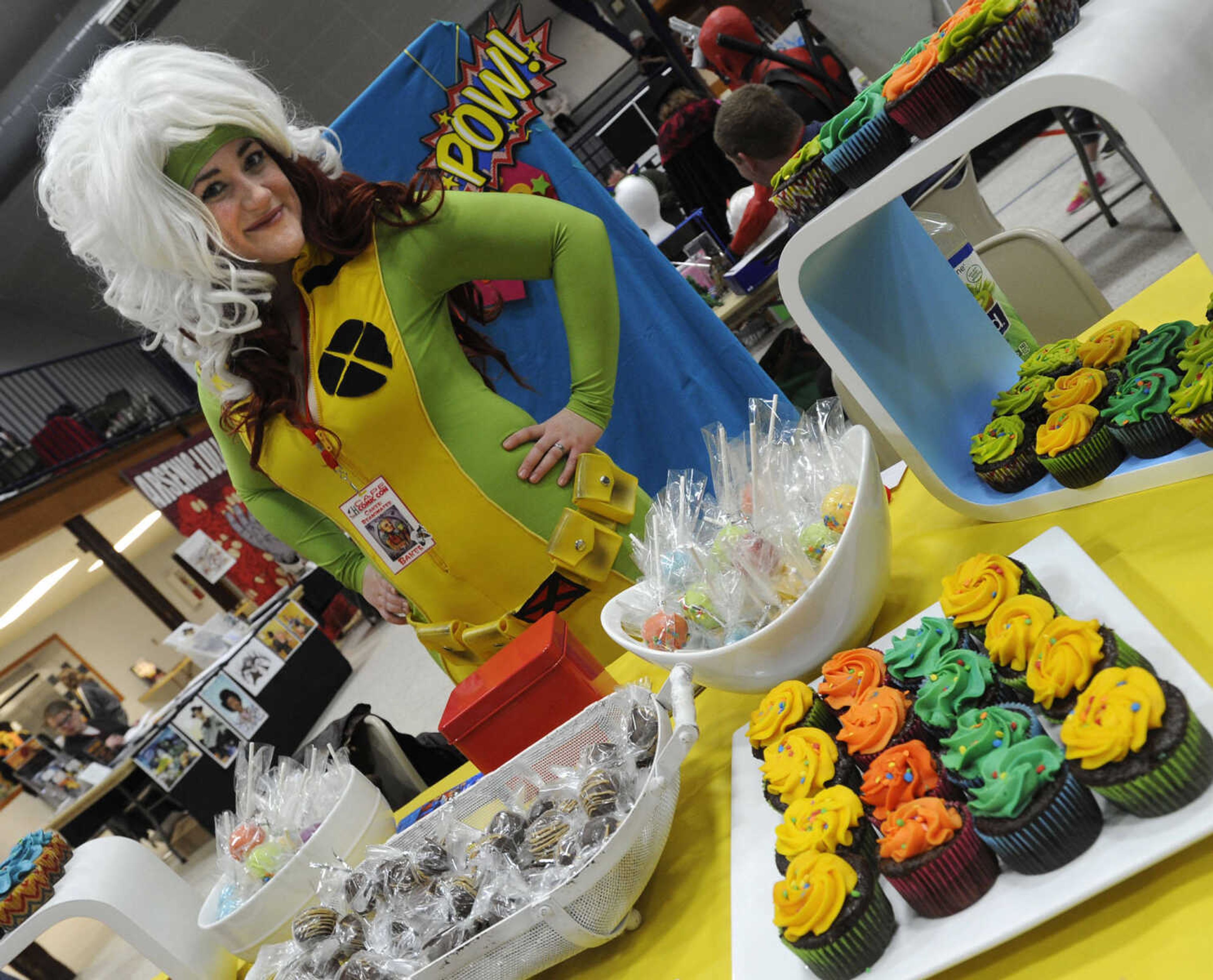 FRED LYNCH ~ flynch@semissourian.com
Becky Brown-Clements portrays Rogue from X-Men at her Cakes Reanimated booth set up at Cape Comic Con on Saturday, March 22, 2014 at the Arena Building.