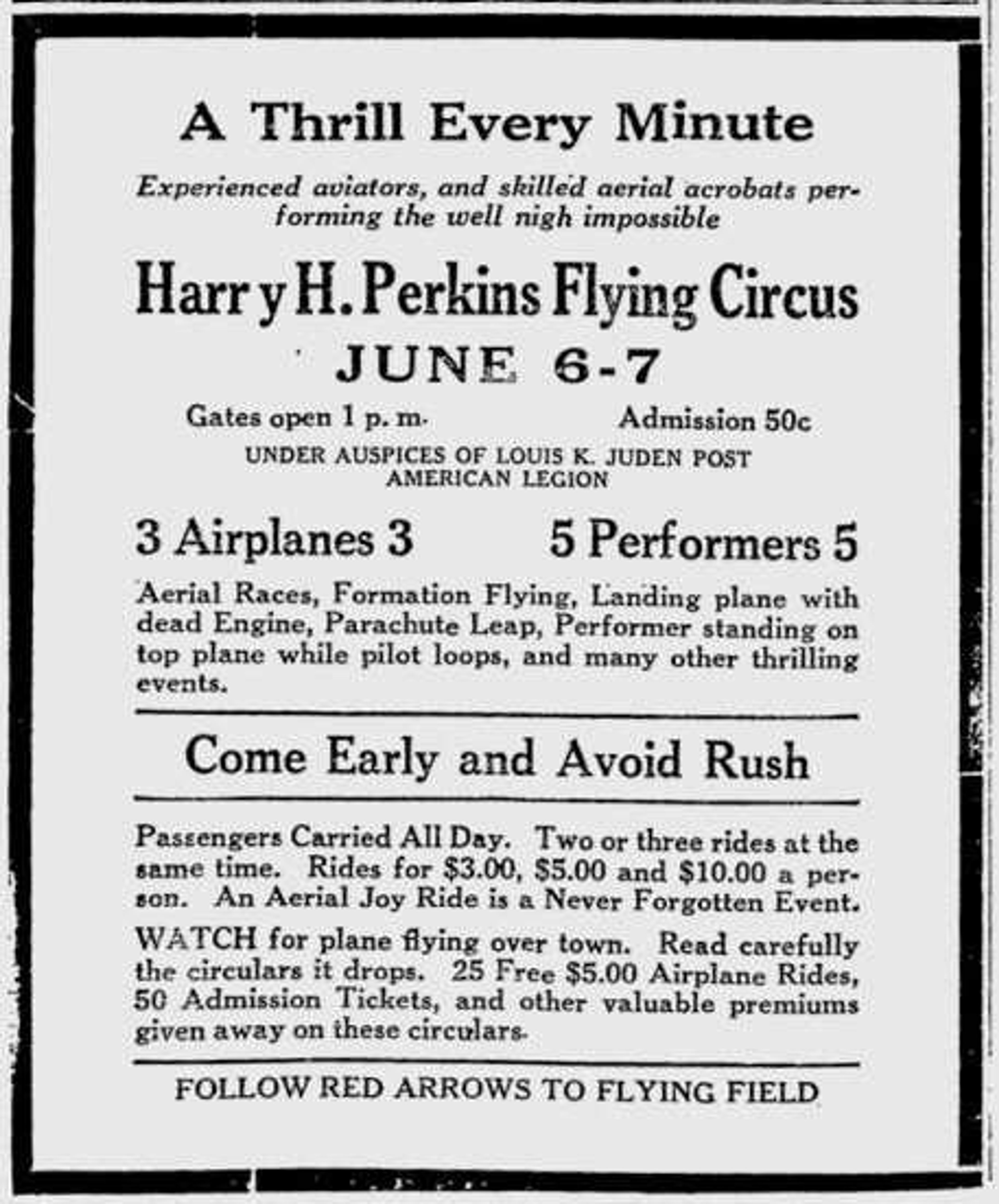 This advertisement in the Southeast Missourian on June 4, 1925, announced that passengers could take joy rides for as little as $3 during the Harry H. Perkins Flying Circus when it came to Cape Girardeau.