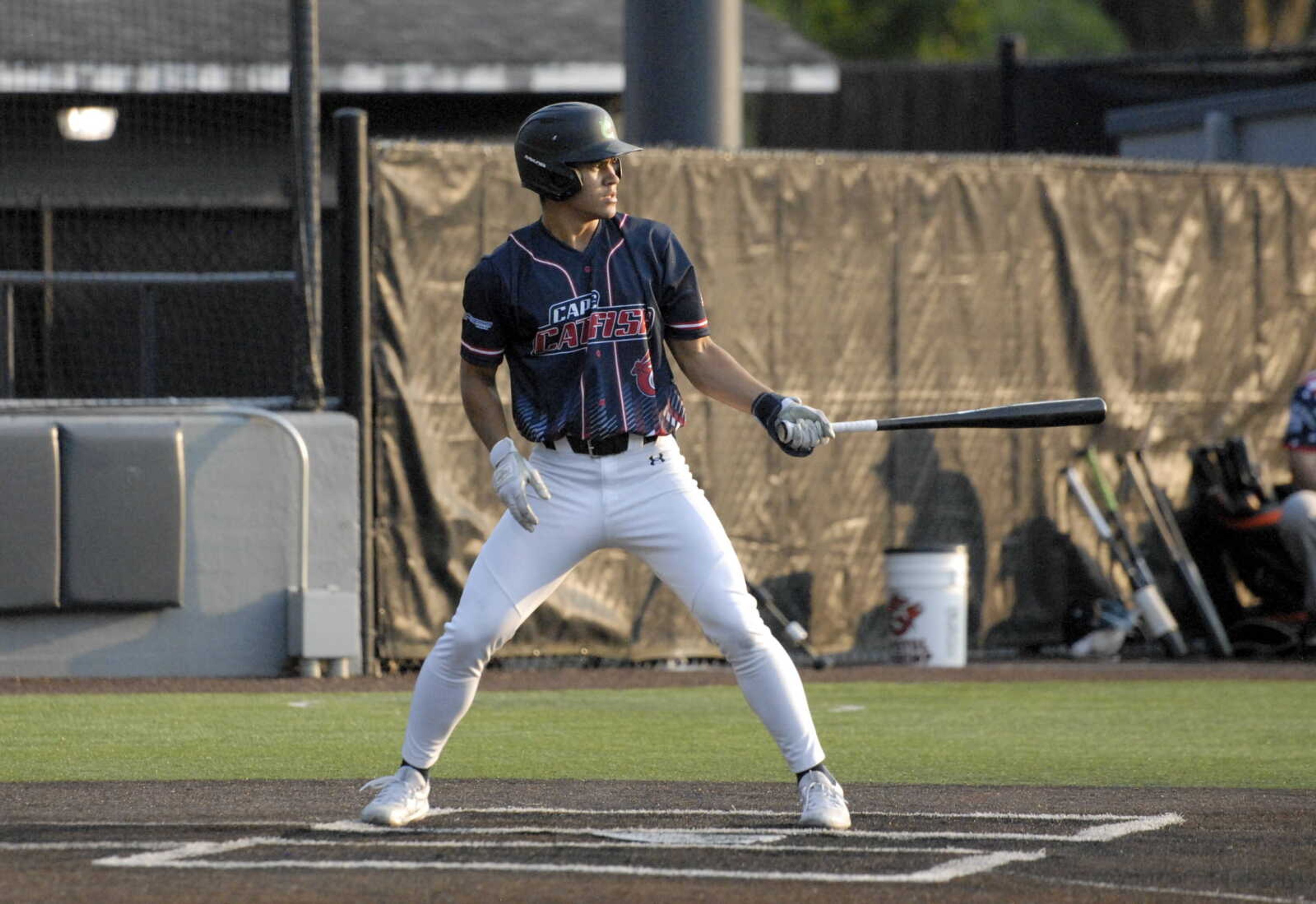 Cape Catfish hitter Alex Kowalski readies for a pitch during a game against Illinois Valley on Saturday at Capaha Field.