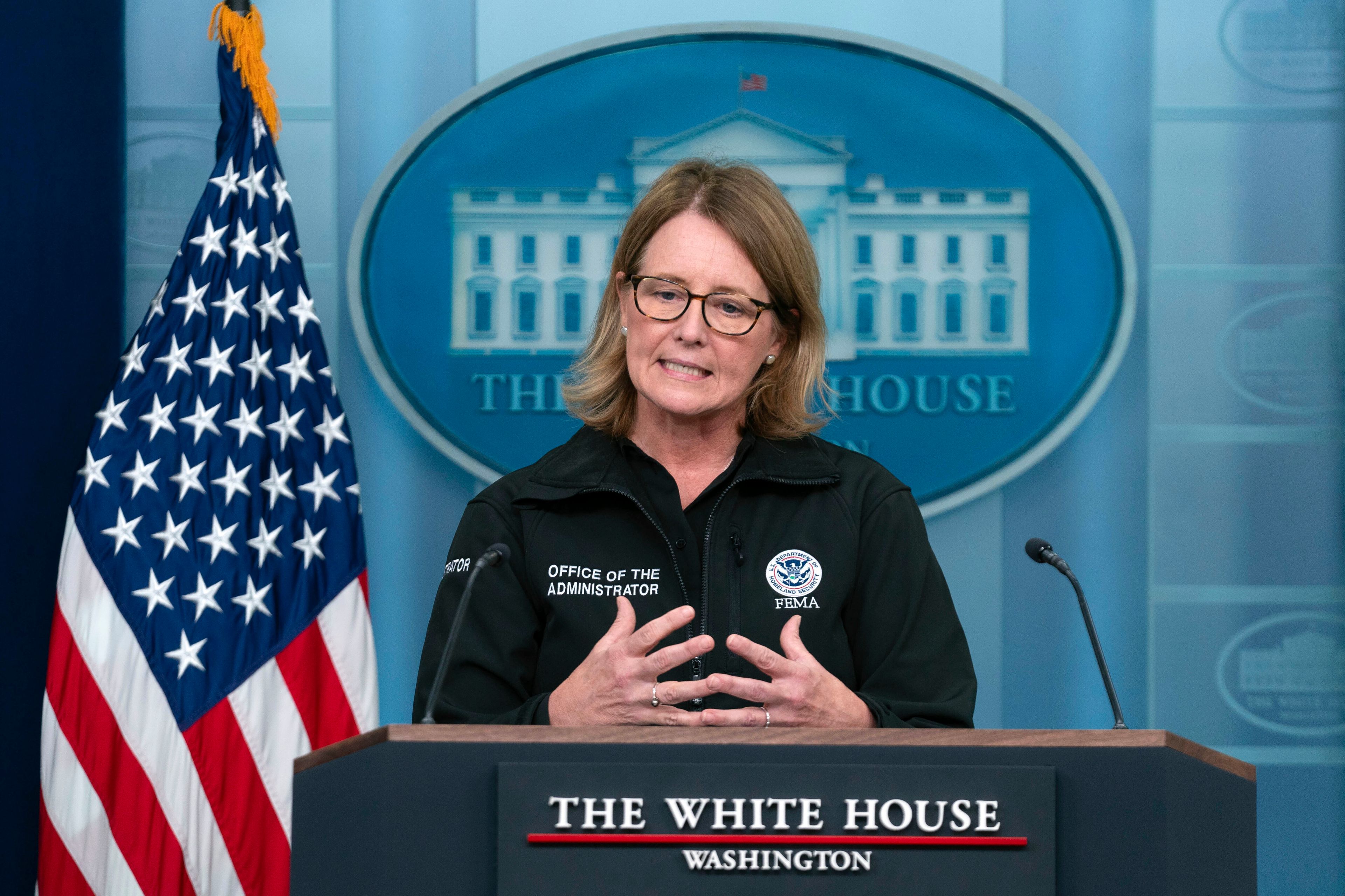 Administrator of the U.S. Federal Emergency Management Agency Deanne Criswell speaks during the daily briefing at the White House in Washington, Thursday, Sept. 26, 2024. (AP Photo/Jose Luis Magana)