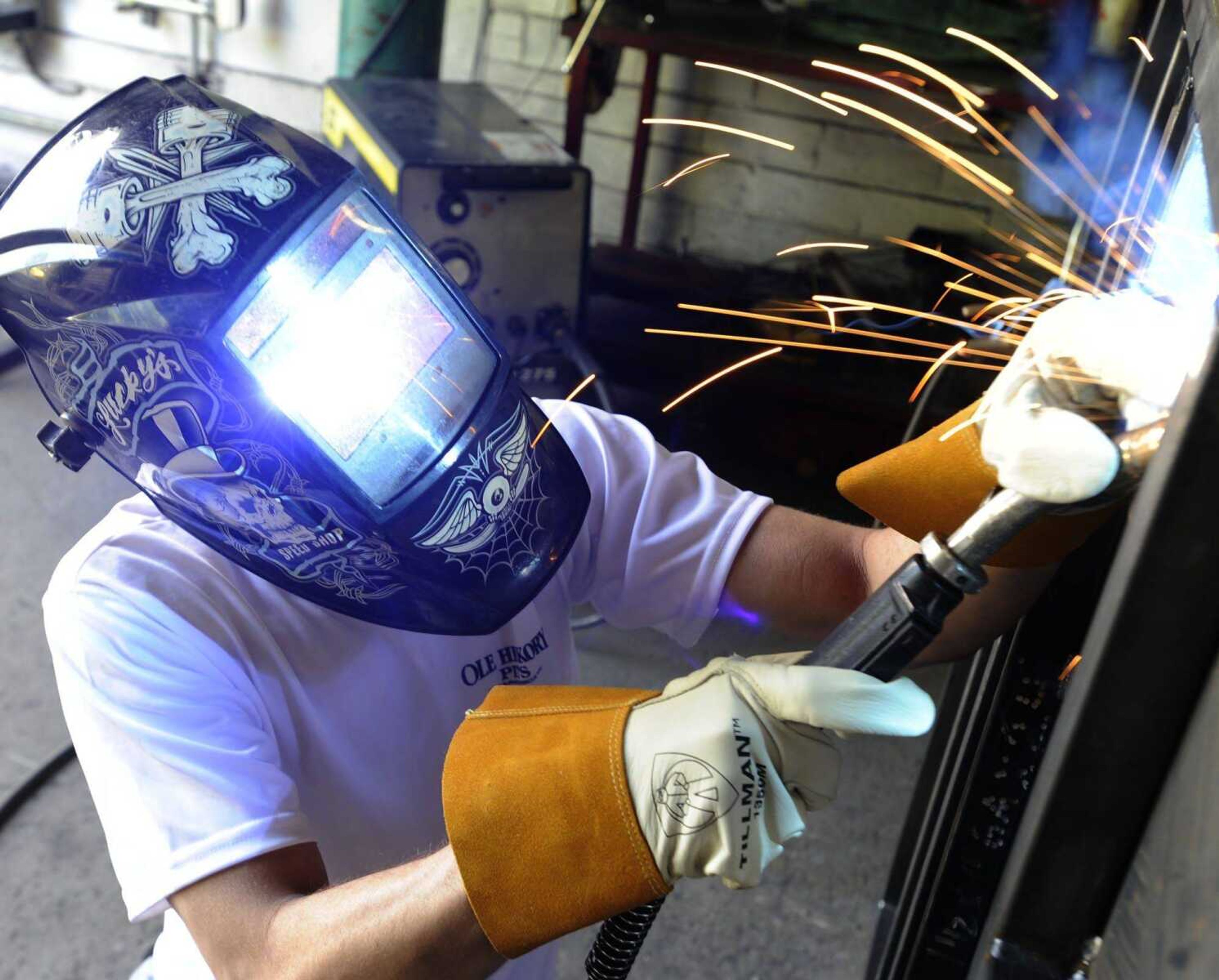 Justin Stuhr works as a welder Friday at Ole Hickory Pits in Cape Girardeau. The veteran was hired through Missouri's Show-Me Heroes program. (Fred Lynch)