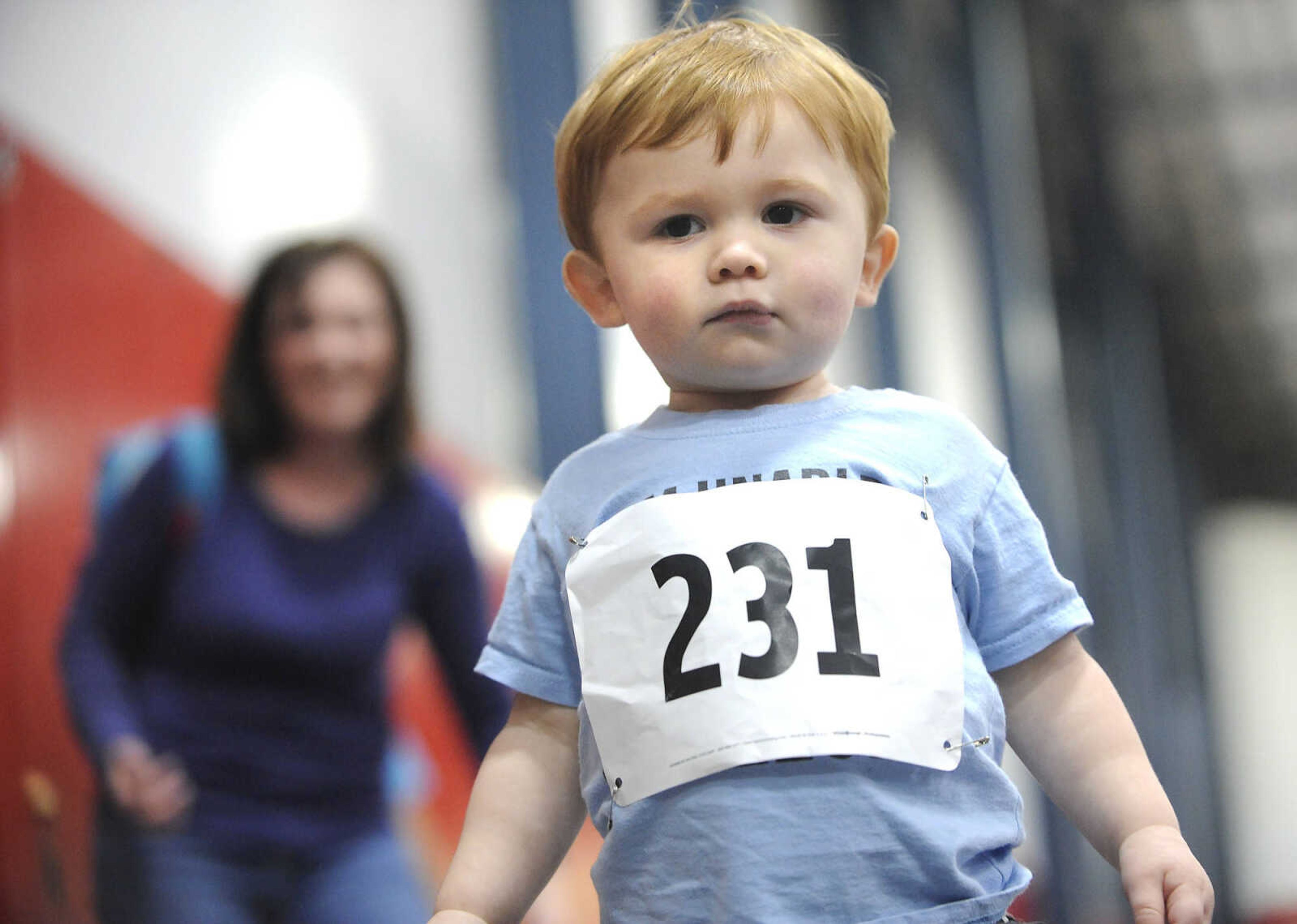 FRED LYNCH ~ flynch@semissourian.com
Rowan Thompson finishes a 50-meter run for 1-year-olds at the Super Kids Race Day on Sunday, Feb. 7, 2016 at the Student Recreation Center.