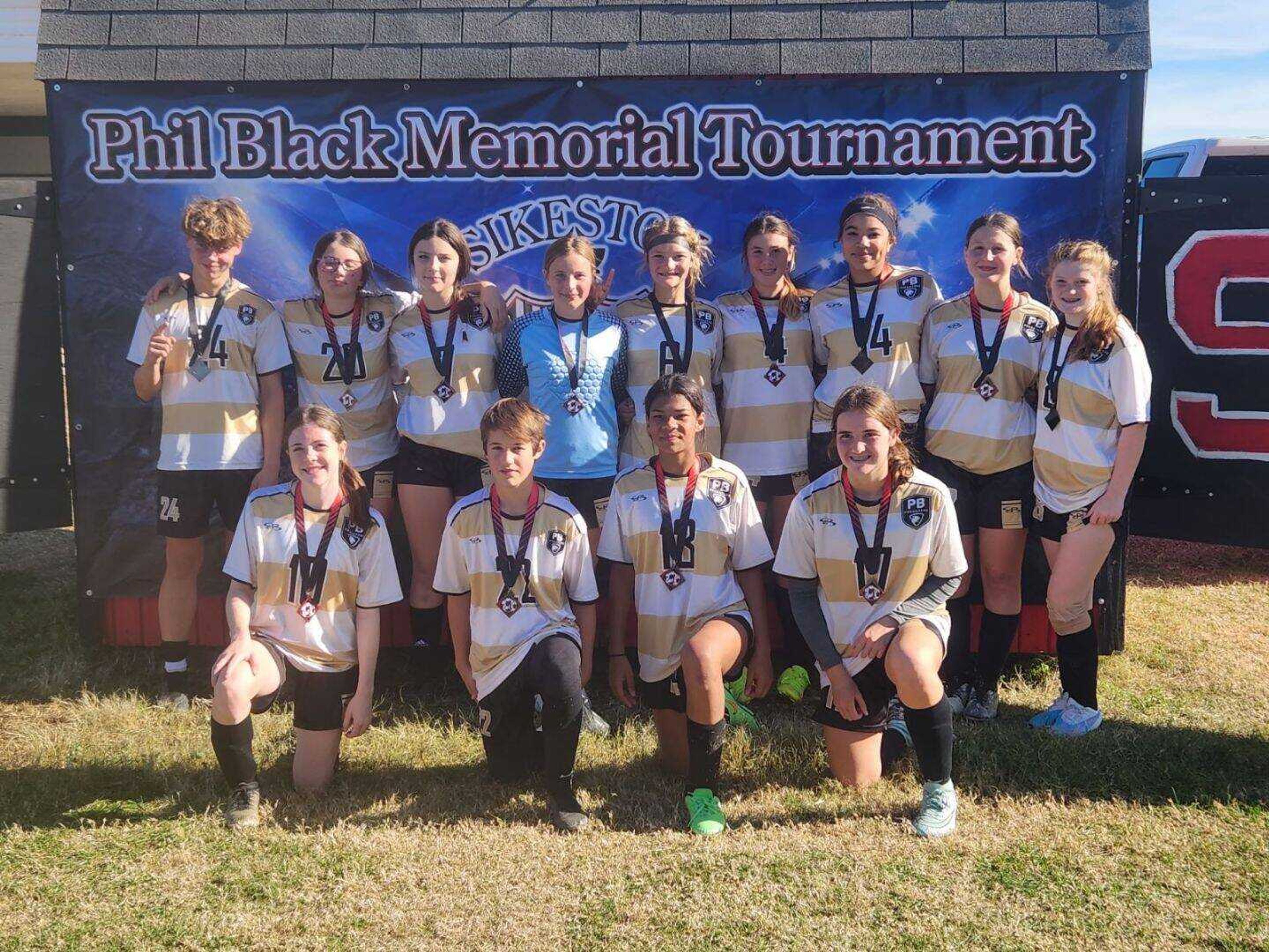 RIGHT: The Seventh/eighth grade PB Predators took 1st place in the Sikeston All-Star Soccer Tournament. Back row: Dylan Pariash (left), Isabelle Miles, Pressly Huffman, Jaycee Armes, Sydney Turner, Addison Fuller, Nakayla Gause, Kim Blanchard and Abby Spain. Front row: Lyla Gilberto (left), Avery Sherrien, Paytyn Isom, Chyenne Catt and Claire Faries (not pictured).