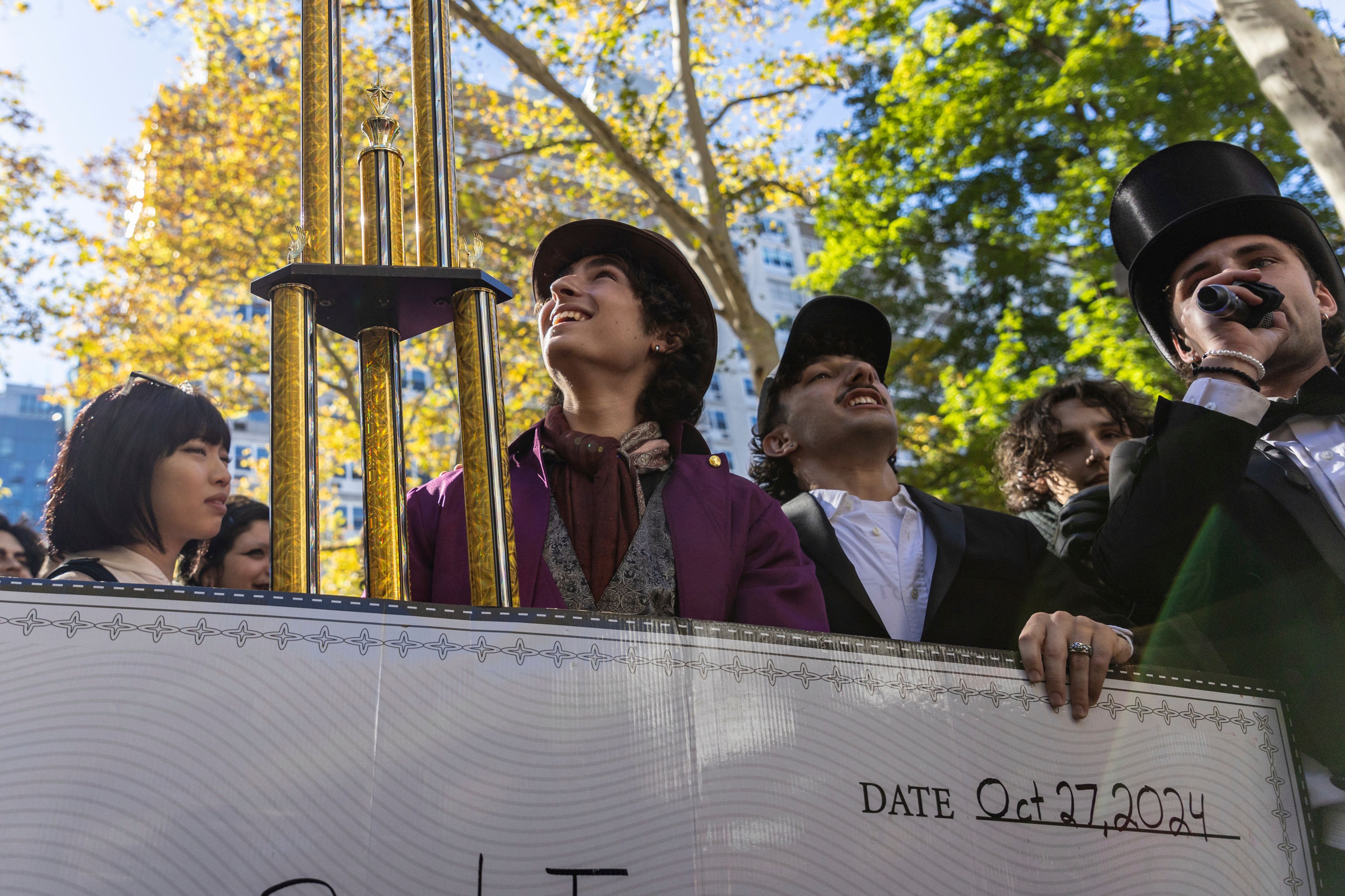 CORRECTS LAST NAME TO MITCHELL FROM MITCHEL - Miles Mitchell, 21, winner of the Timothee Chalamet lookalike contest held near Washington Square Park, Sunday, Oct. 27, 2024, in New York. (AP Photo/Stefan Jeremiah)