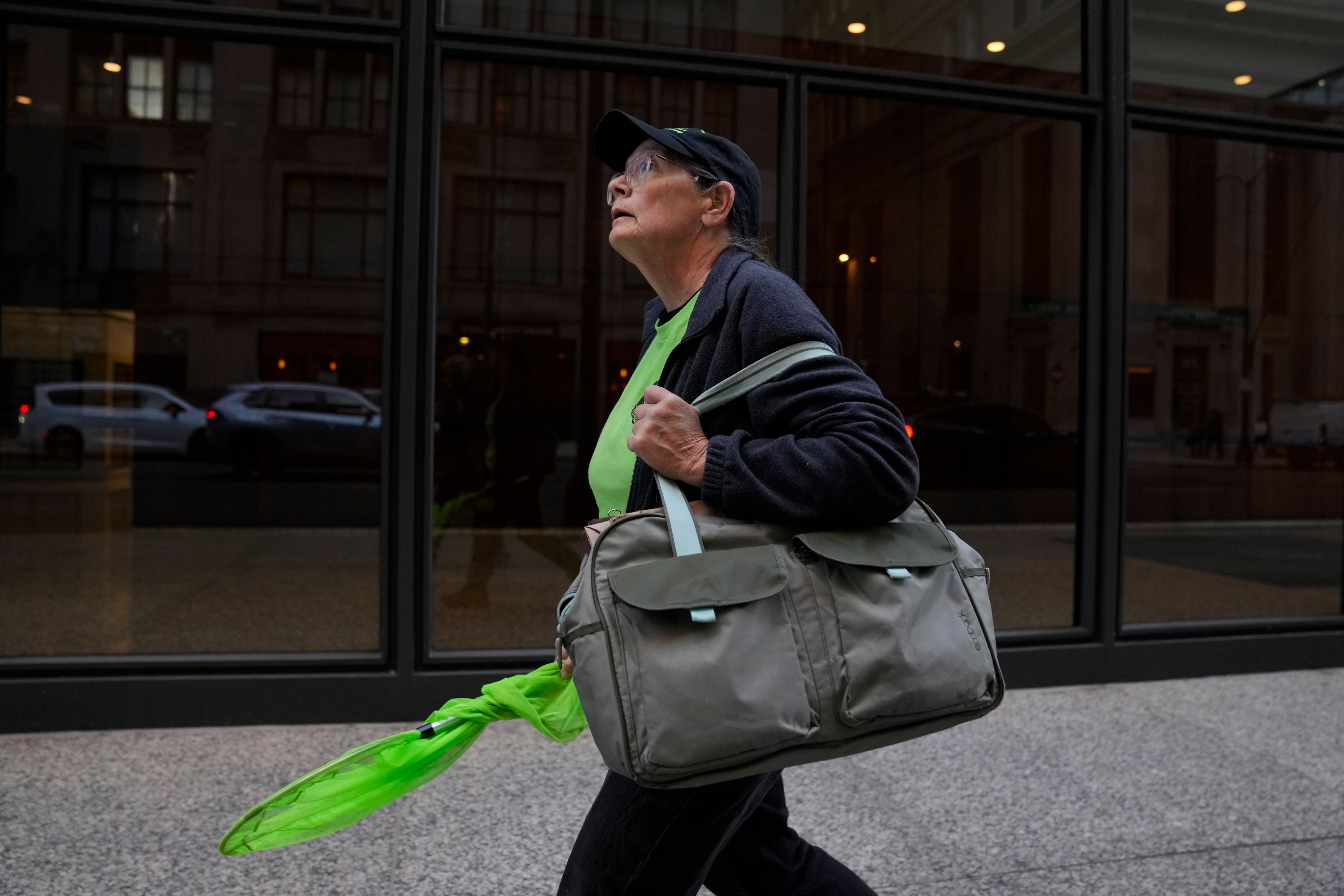 Chicago Bird Collision Monitors Director Annette Prince walks a downtown plaza searching for dead or injured birds who may have flown into glass windows Monday, Oct. 7, 2024, in Chicago. (AP Photo/Erin Hooley)