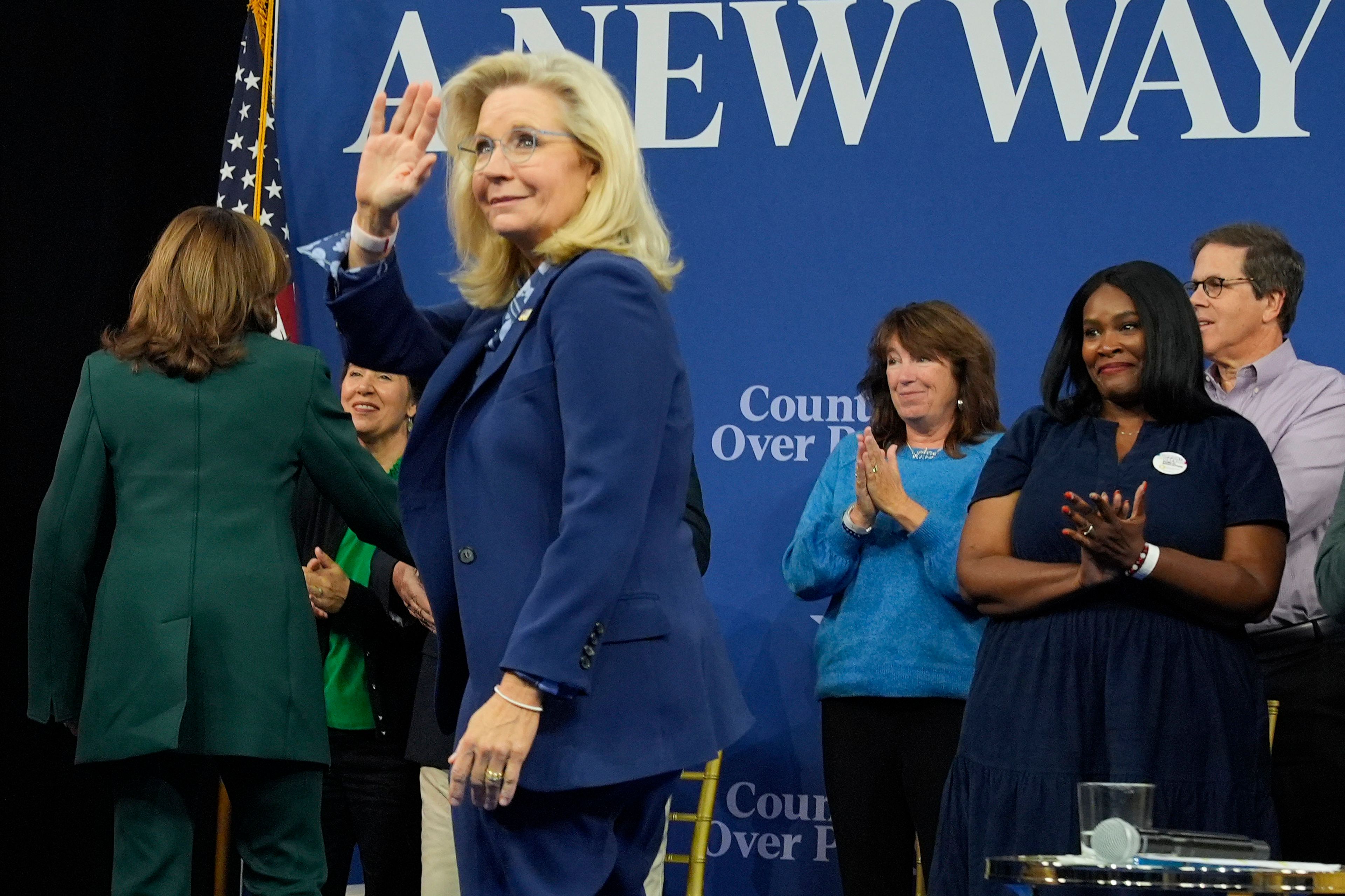 Former Republican Congresswoman Liz Cheney departs a town hall with Democratic presidential nominee Vice President Kamala Harris at The People's Light in Malvern, Pa., Monday, Oct. 21, 2024. (AP Photo/Jacquelyn Martin)