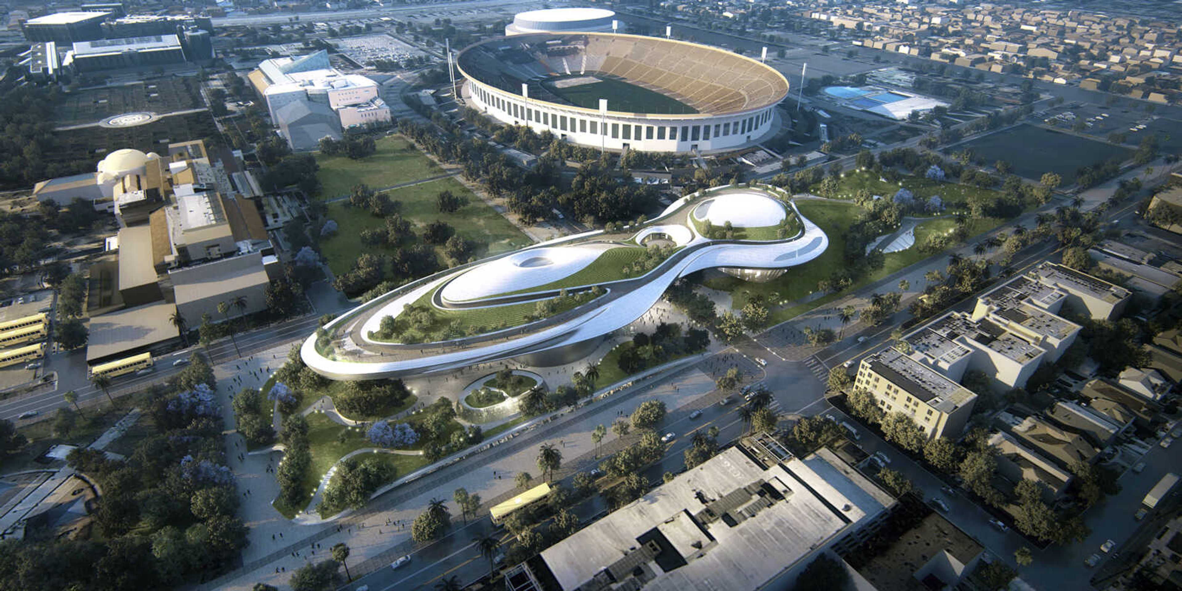 This undated concept design shows a rendering of the proposed Lucas Museum of Narrative Art in Exposition Park in Los Angeles.