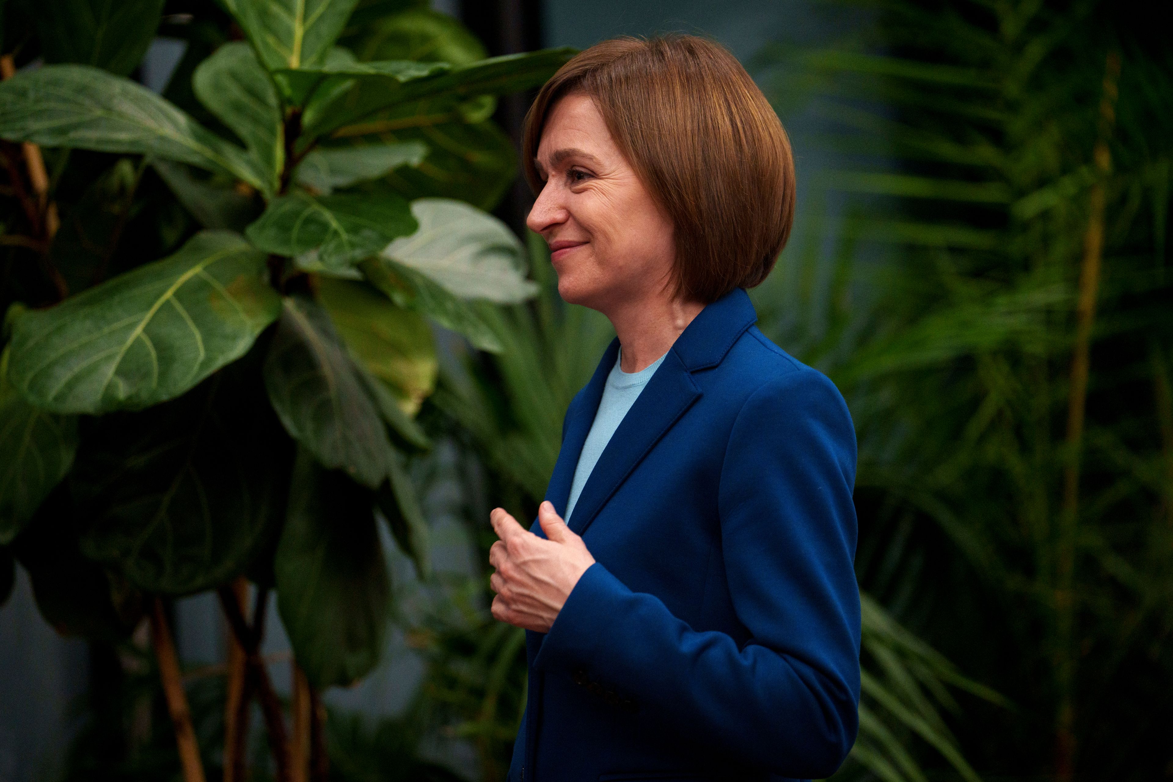 Moldova's President Maia Sandu smiles after winning a second term in a pivotal presidential runoff against a Russia-friendly opponent in Chisinau, Moldova, Monday, Nov. 4, 2024. (AP Photo/Vadim Ghirda)