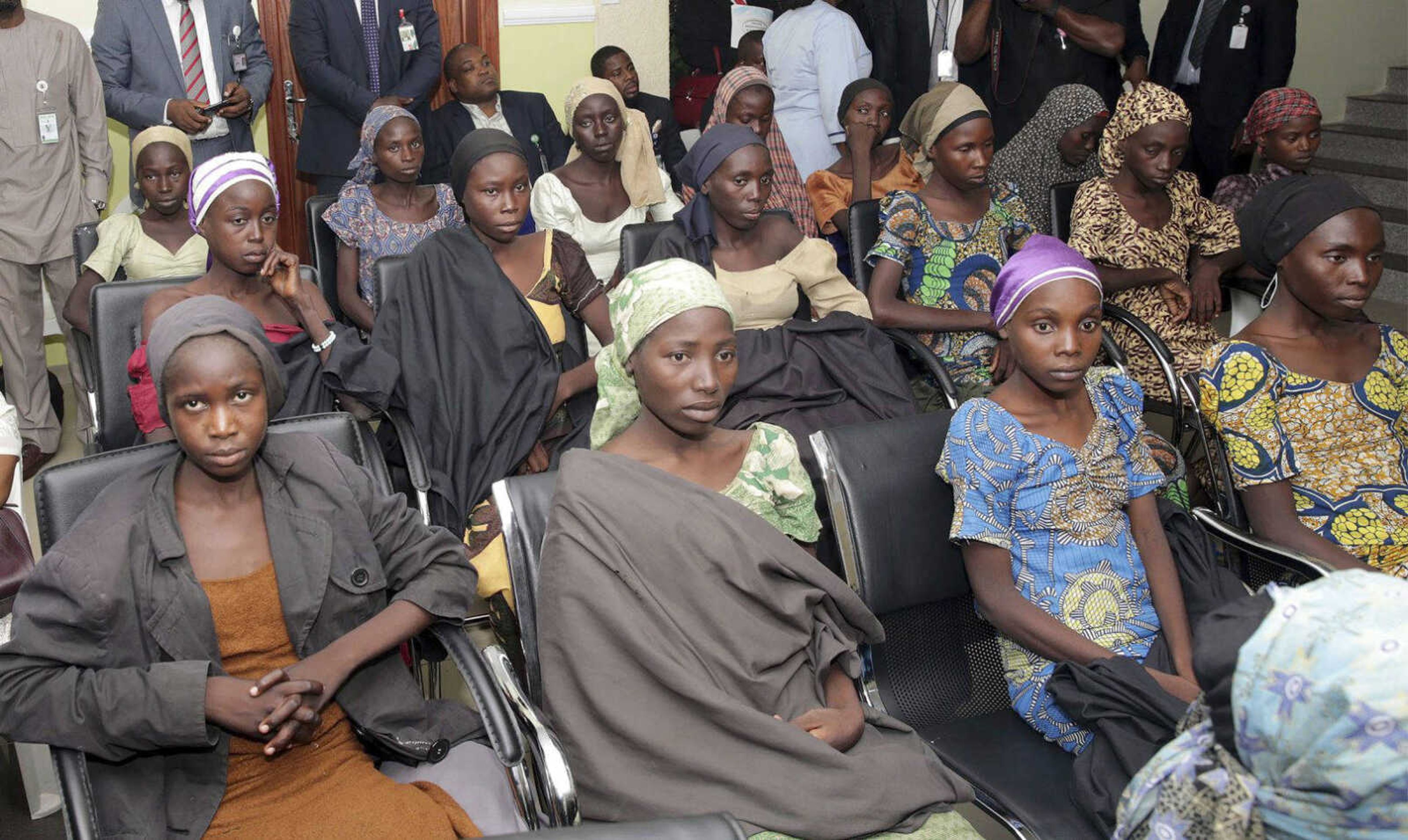 Chibok school girls recently freed from Islamic extremist captivity are seen during a meeting with Nigeria's Vice President Yemi Osinbajo, on Oct. 13 in Abuja, Nigeria.