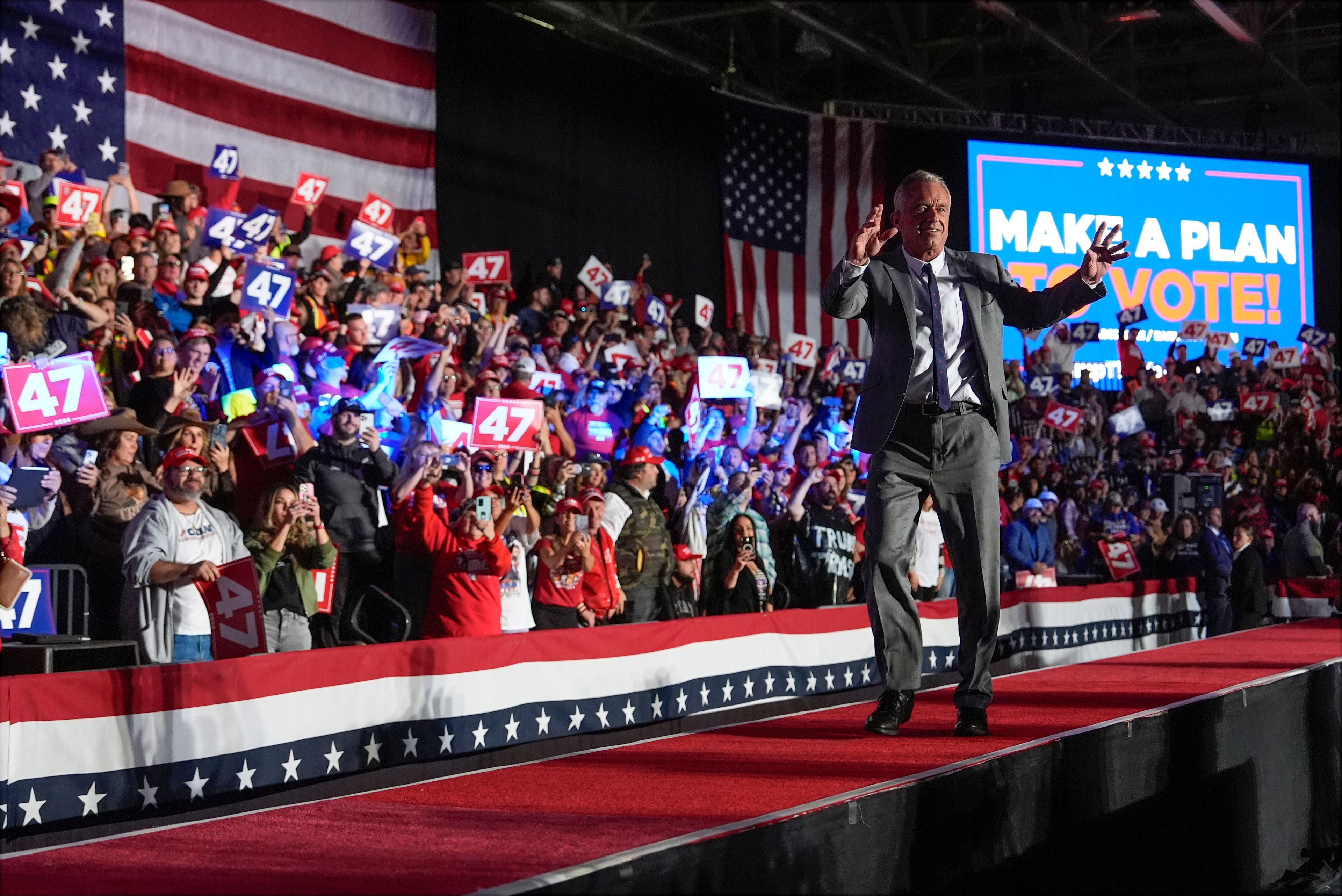 Robert F. Kennedy Jr., arrives before Republican presidential nominee former President Donald Trump at a campaign rally at Macomb Community College, Friday, Nov. 1, 2024, in Warren, Mich. (AP Photo/Julia Demaree Nikhinson)