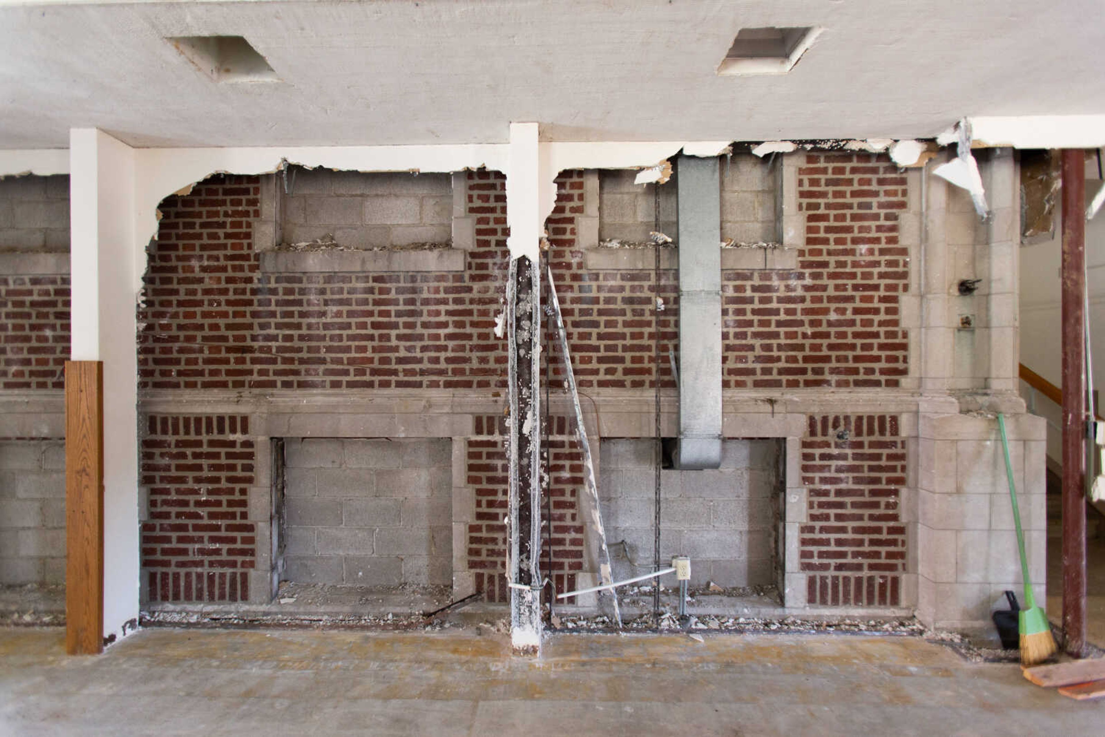 The original facade of the Carnegie Library is revealed as walls are removed during the demolition phase of the Common Pleas Courthouse renovation on Tuesday, June 16, 2020.