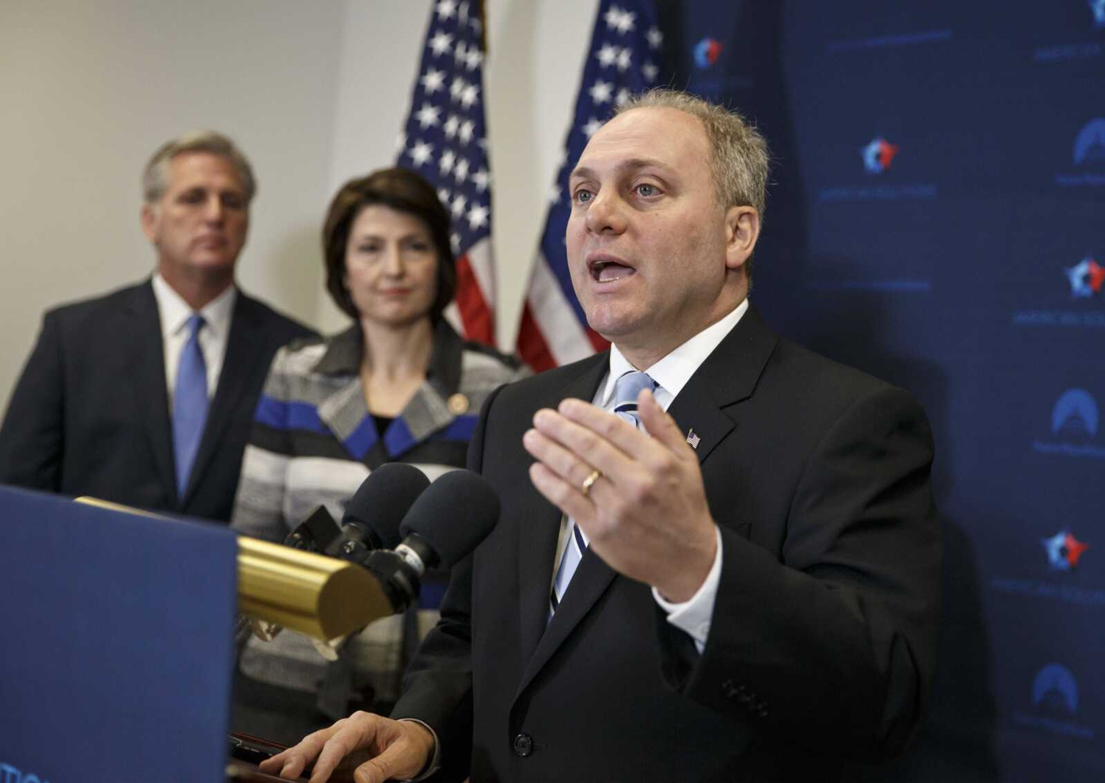 House Majority Whip Steve Scalise of Louisiana, right, with House Majority Leader Kevin McCarthy of California, left, and Rep. Cathy McMorris Rodgers, R-Washington, speaks to reporters Nov. 18 on Capitol Hill in Washington, D.C., following a House GOP caucus meeting. (Associated Press file)