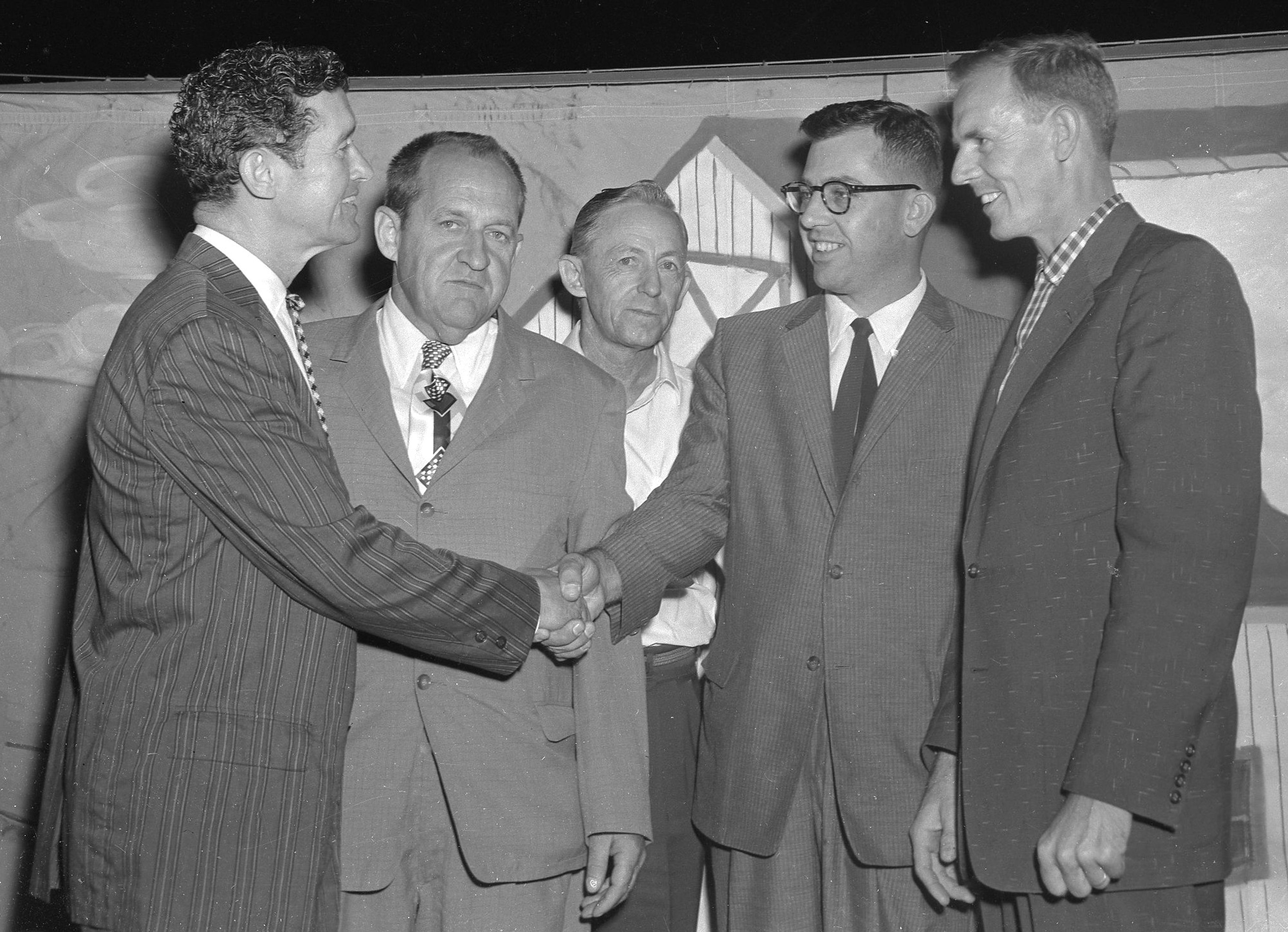 Country music singer Roy Acuff interrupts a whirlwind schedule Friday, Sept. 13, 1958, to meet local Republican candidates at the SEMO District Fair. Left to right are Acuff; Roy Kurre, candidate for coroner; Herb Brune, candidate for treasurer; Bill Frye, candidate for prosecuting attorney; and Herb Brace, candidate for recorder.
