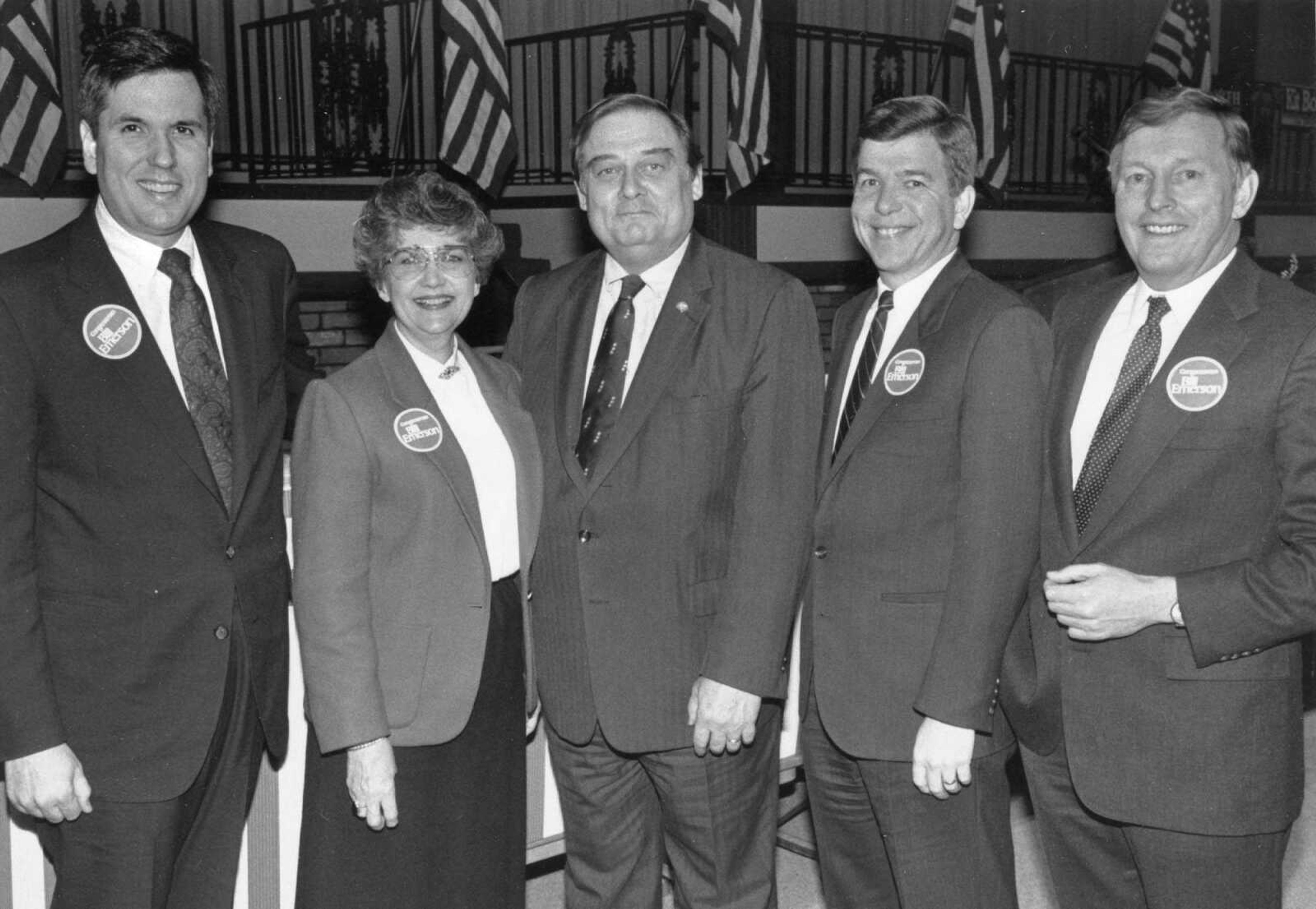 Published March 25, 1990.
Congressman Bill Emerson, center, stood with state officials prior to the annual Lincoln Day dinner at the A.C. Brase Arena Building. From left were Attorney General William Webster, State Auditor Margaret Kelly, Emerson, Secretary of State Roy Blunt and State Treasurer Wendell Bailey. Emerson was the guest of honor at the dinner. (Southeast Missourian archive photo)