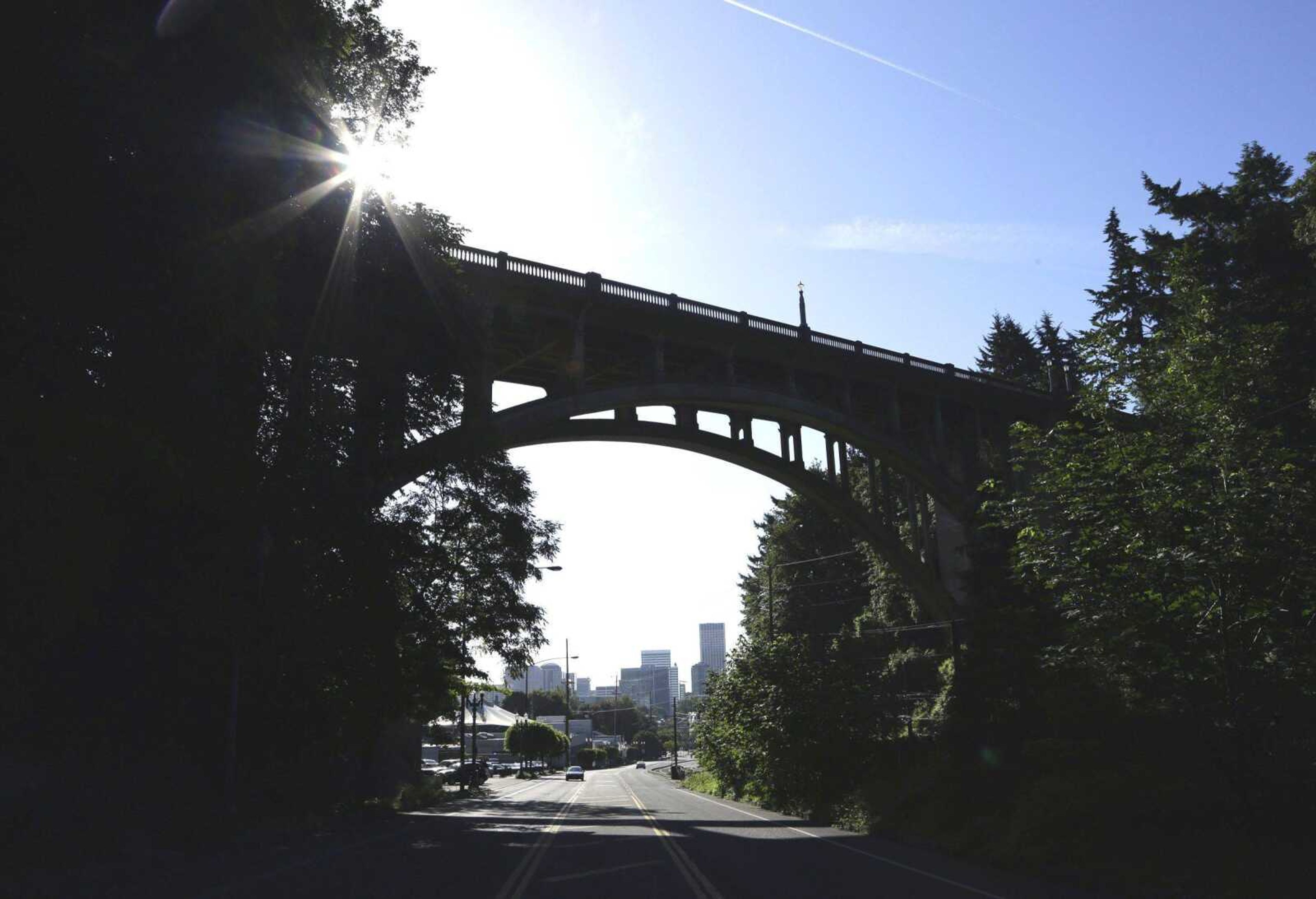 Downtown is visible under the Vista Bridge, historically known as &#8220;The Suicide Bridge,&#8221; on June 4 in the Goose Hollow neighborhood west of downtown Portland, Ore. (Don Ryan ~ Associated Press)