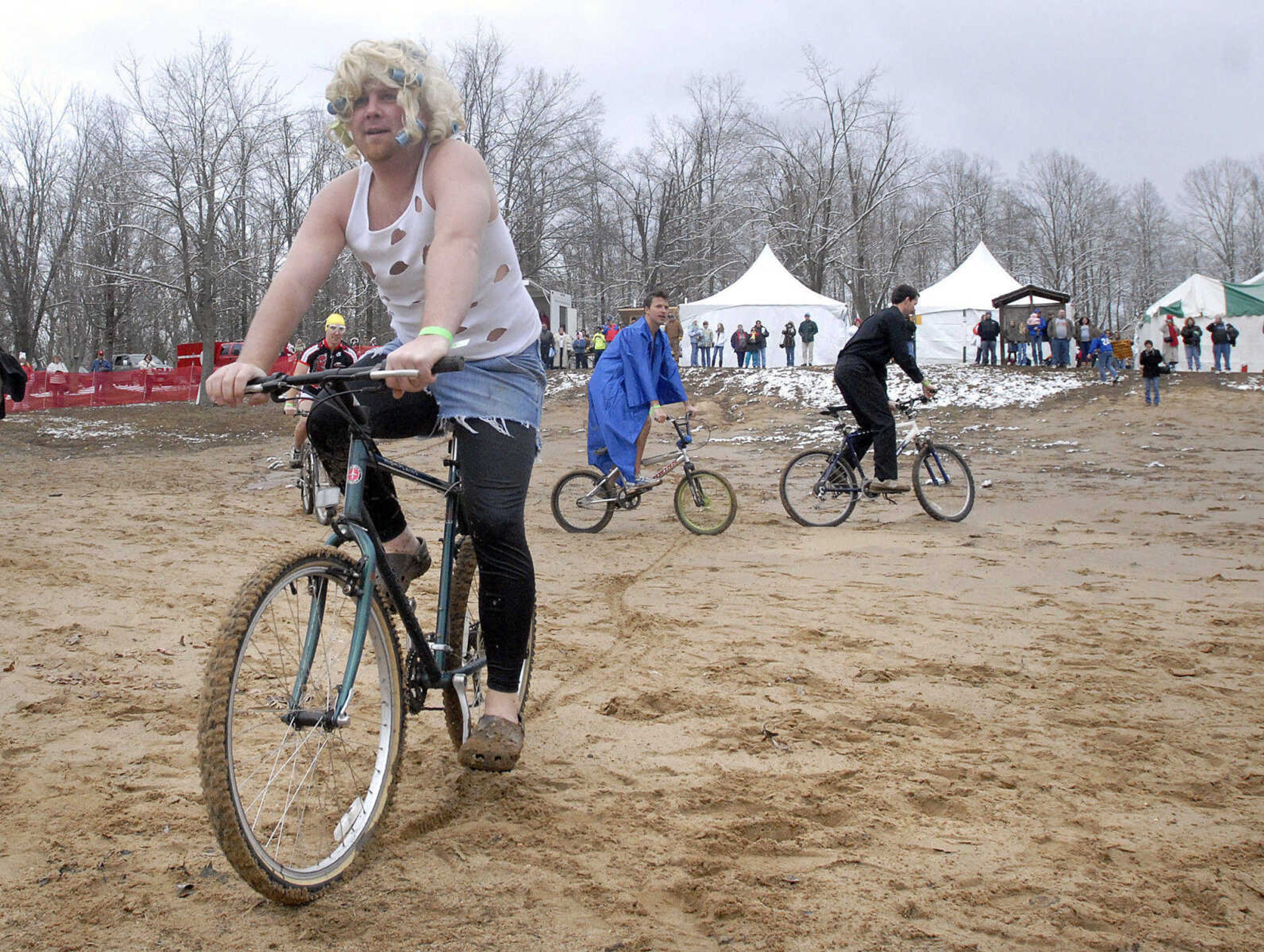 LAURA SIMON~lsimon@semissourian.com
The 'Holy Rollers' plunge team prepares to ride into Lake Boutin Saturday, February 6, 2010 during the Polar Bear Plunge at Trail of Tears State Park.