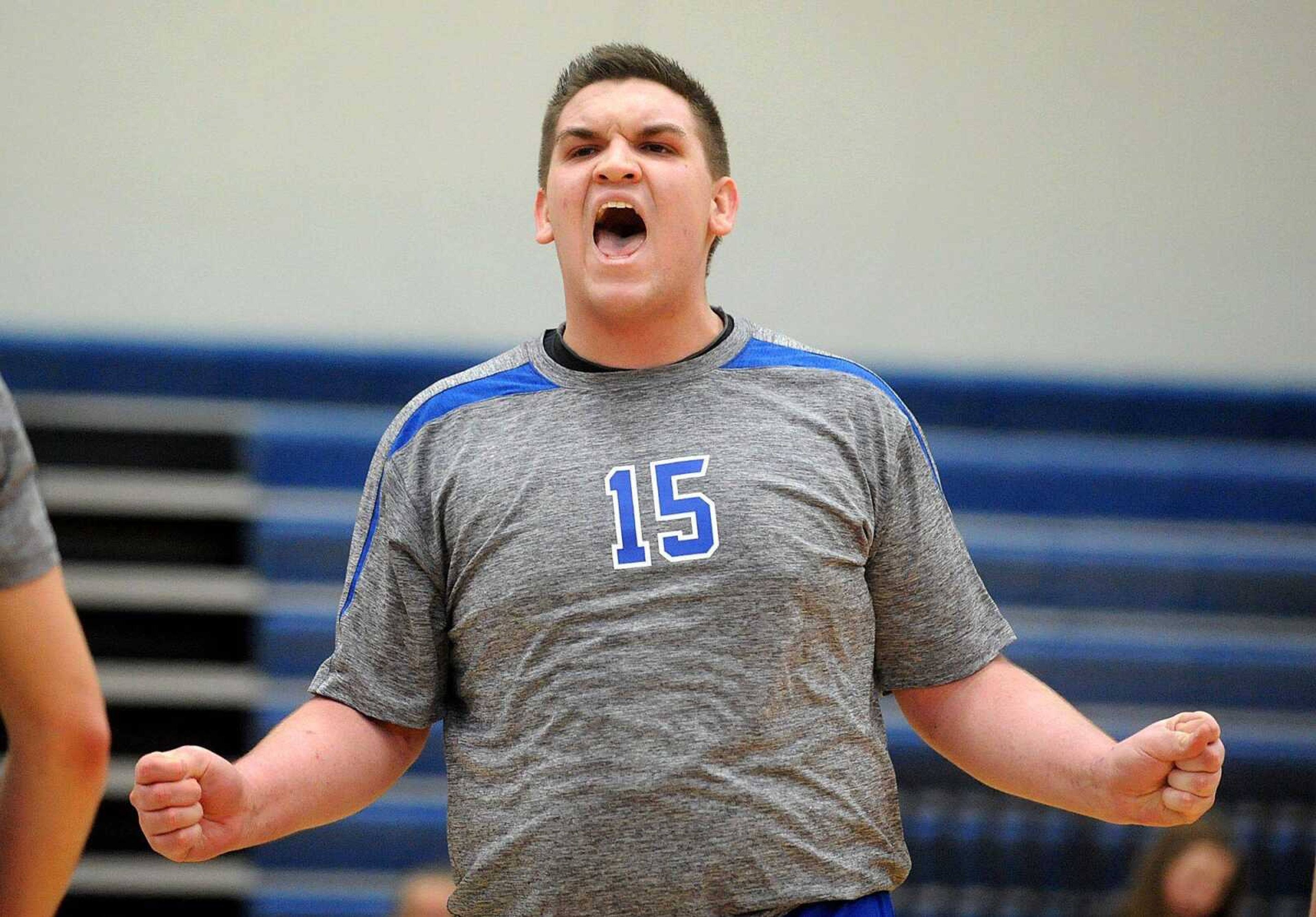 Notre Dame&#8217;s Rhett Simmons celebrates a point during the second set of Thursday&#8217;s match against Duchesne at Notre Dame Regional High School. (Laura Simon)