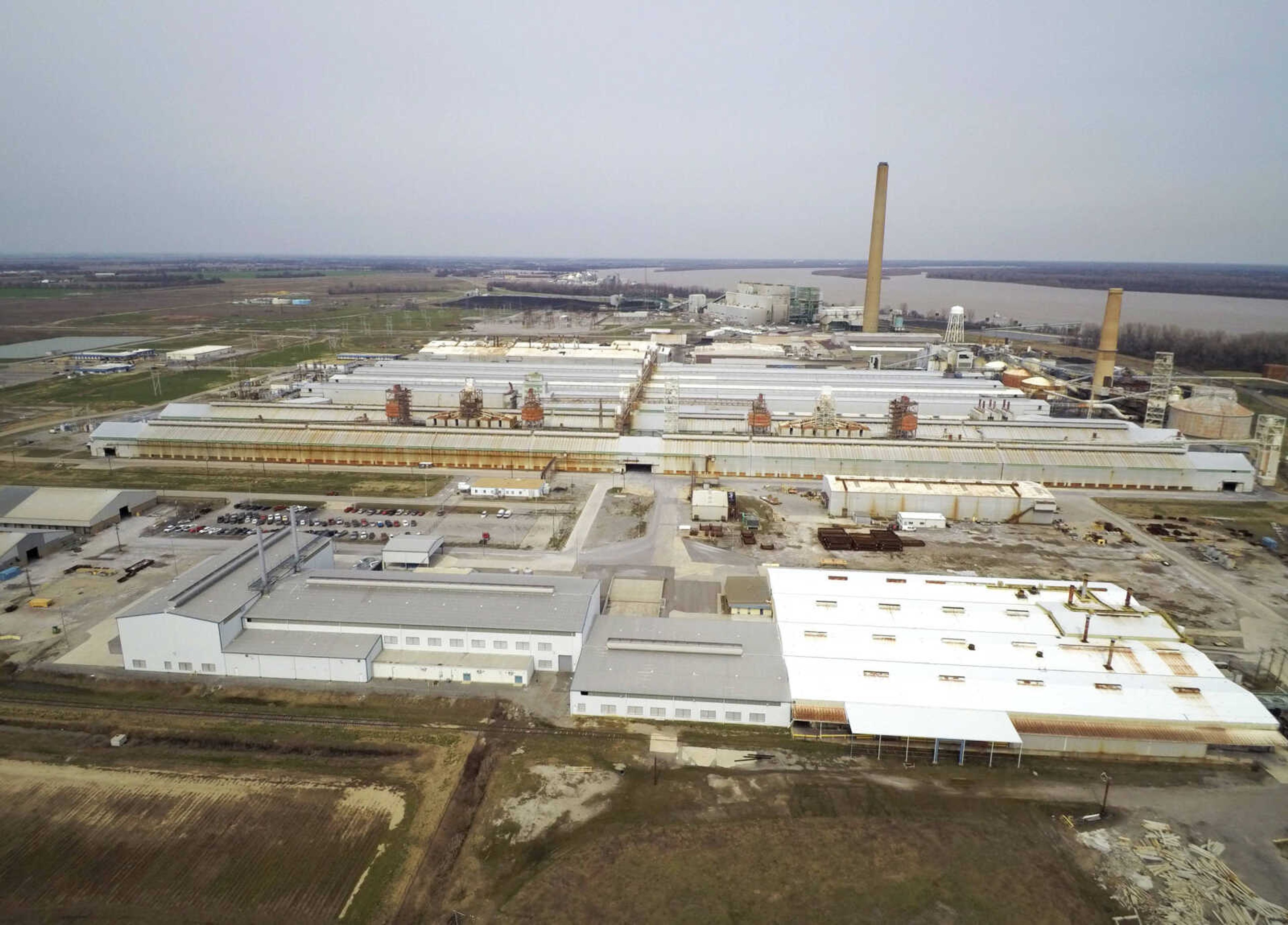 This drone view of the former Noranda aluminum plant, now Magnitude 7 Metals, is looking north toward the Mississippi River near New Madrid, Missouri.