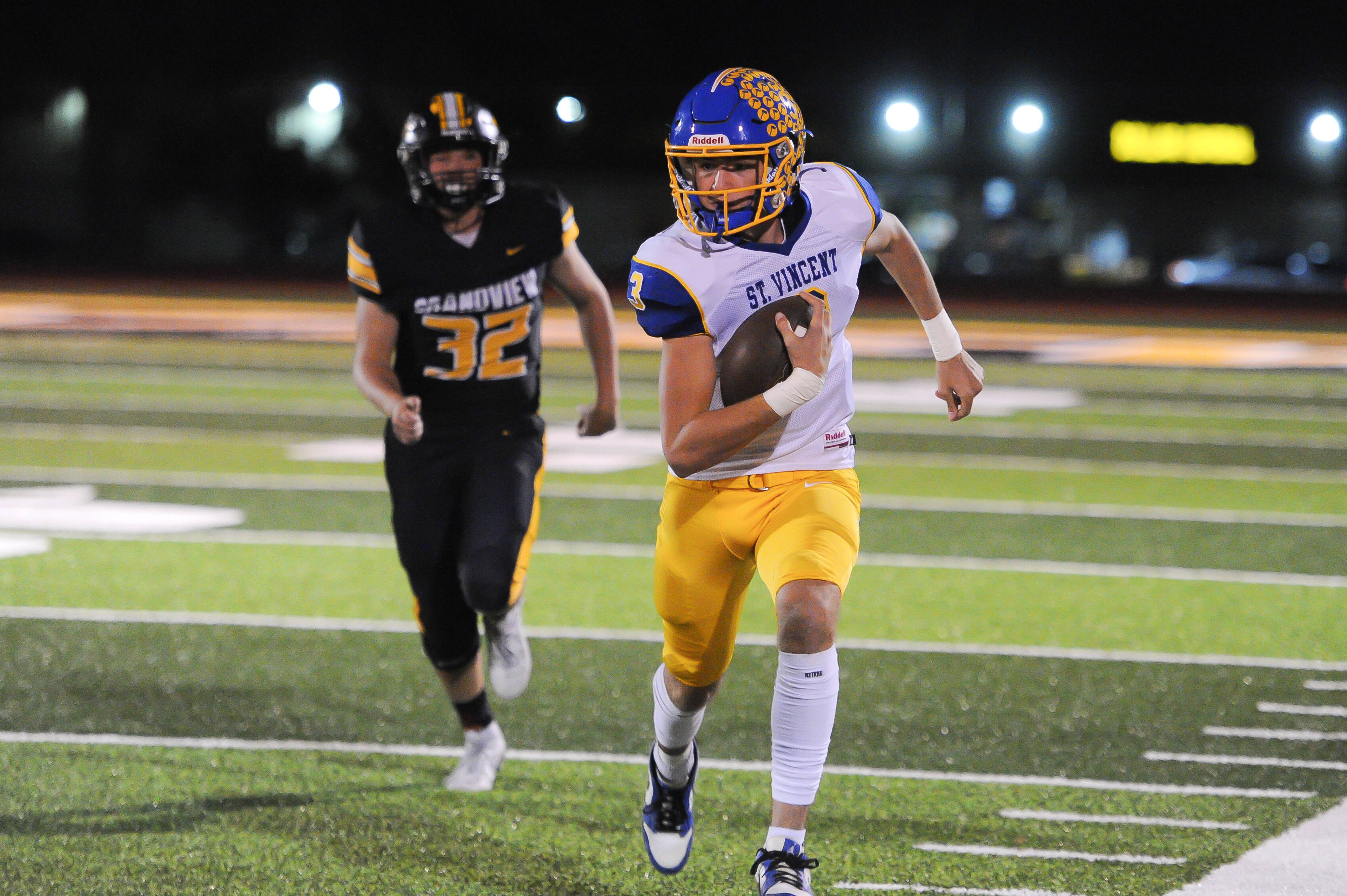 St. Vincent's Nick Buchheit runs out of bounds during a Friday, October 18, 2024 game between the Grandview Eagles and the St. Vincent Indians at Grandview High School in Hillsboro, Mo. St. Vincent defeated Grandview, 42-20.