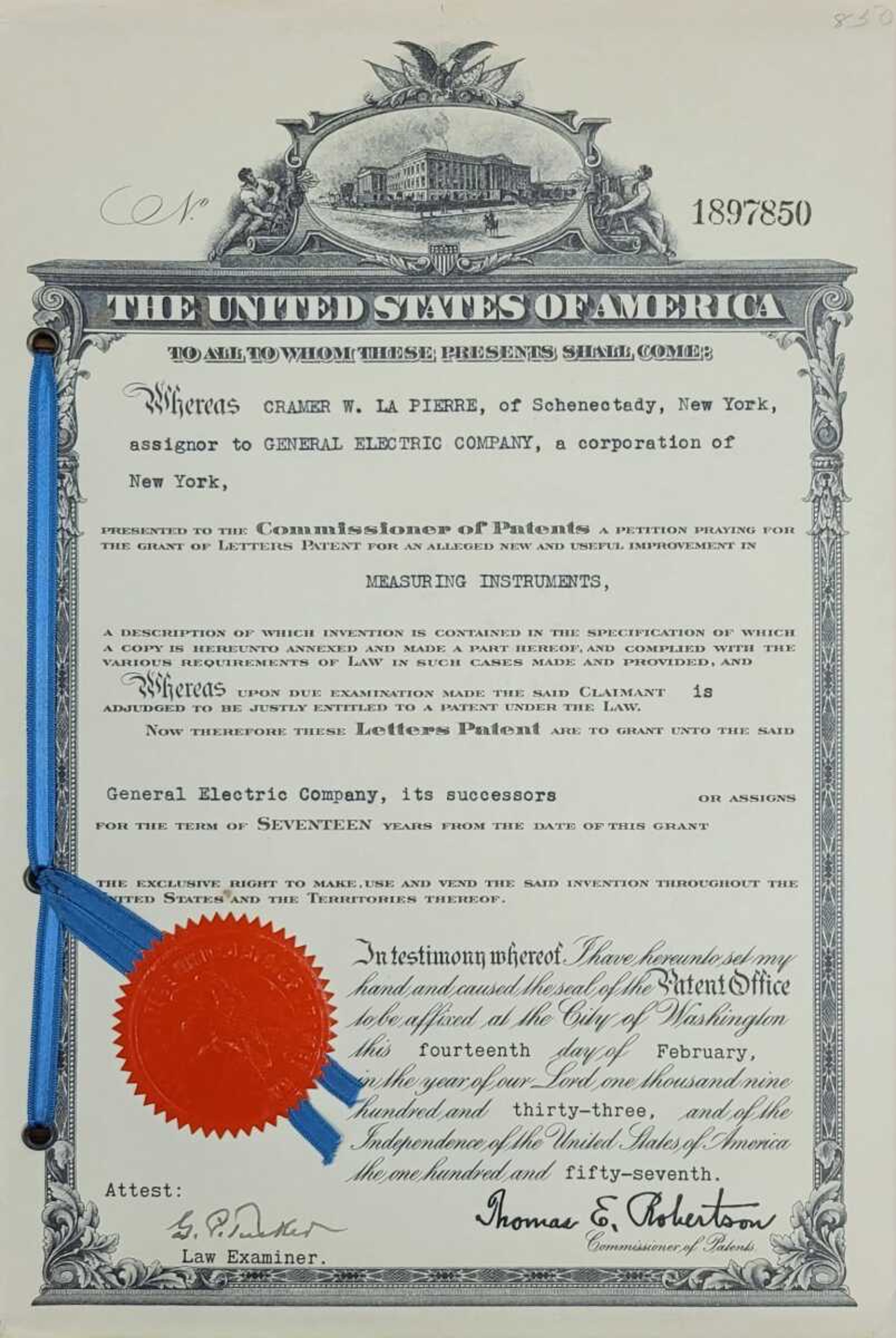 This federal patent was issued to Jackson native Cramer LaPierre in 1933 for measuring instruments.