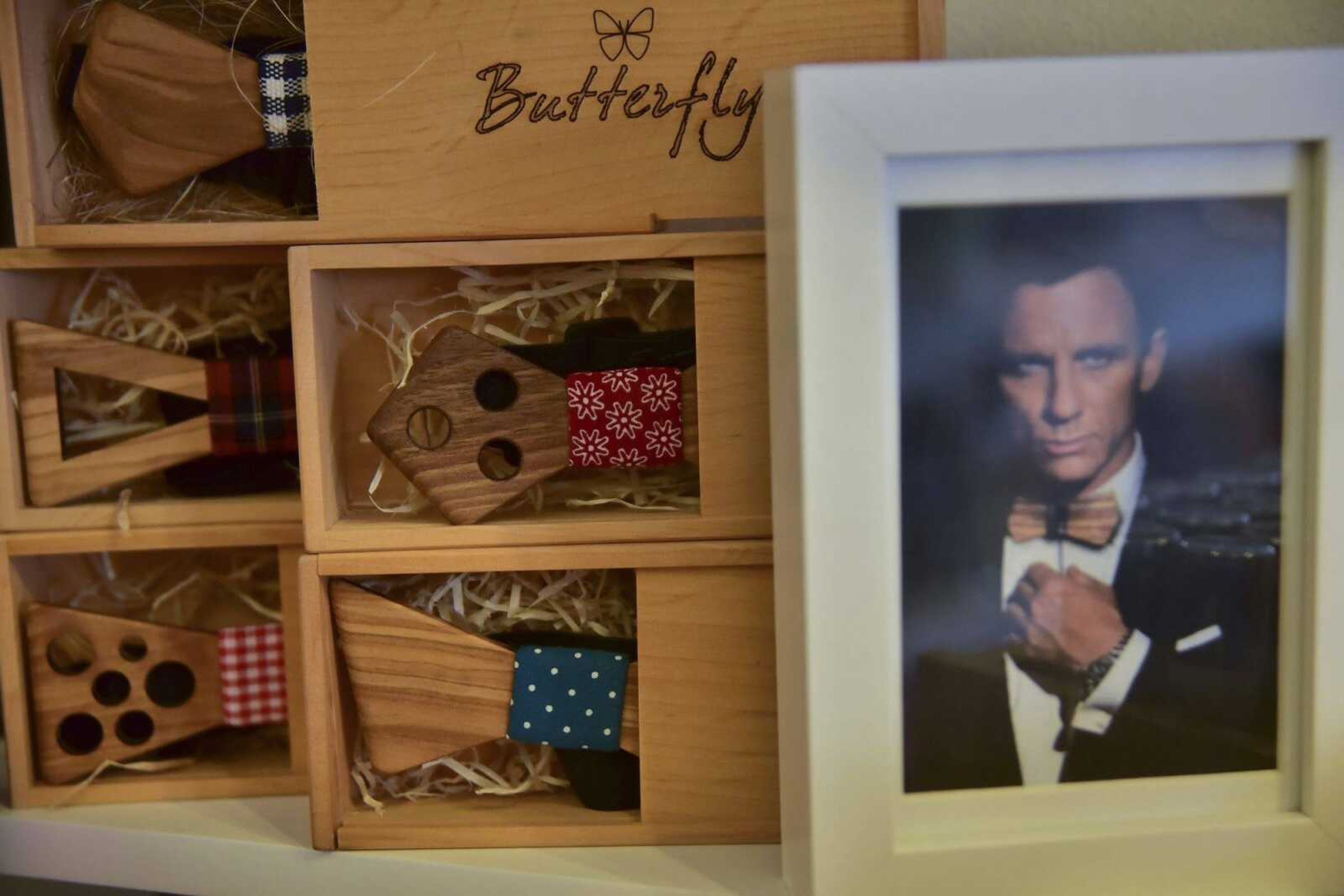 Wooden bow ties are on display Tuesday at Atelier in downtown Cape Girardeau.