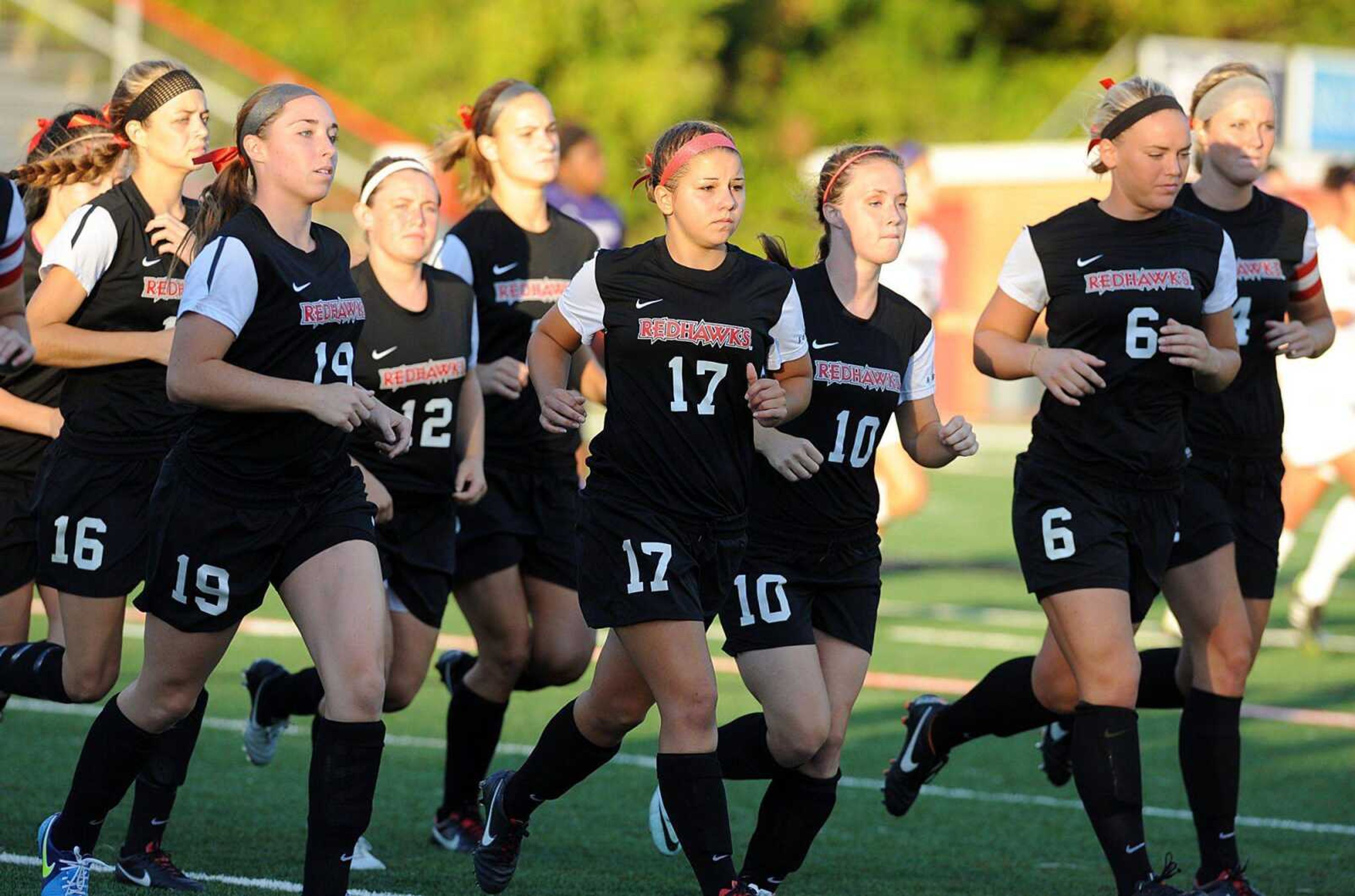 The Southeast Missouri State women&#8217;s soccer team warms up before Tuesday&#8217;s game at Houck Stadium. (Laura Simon)