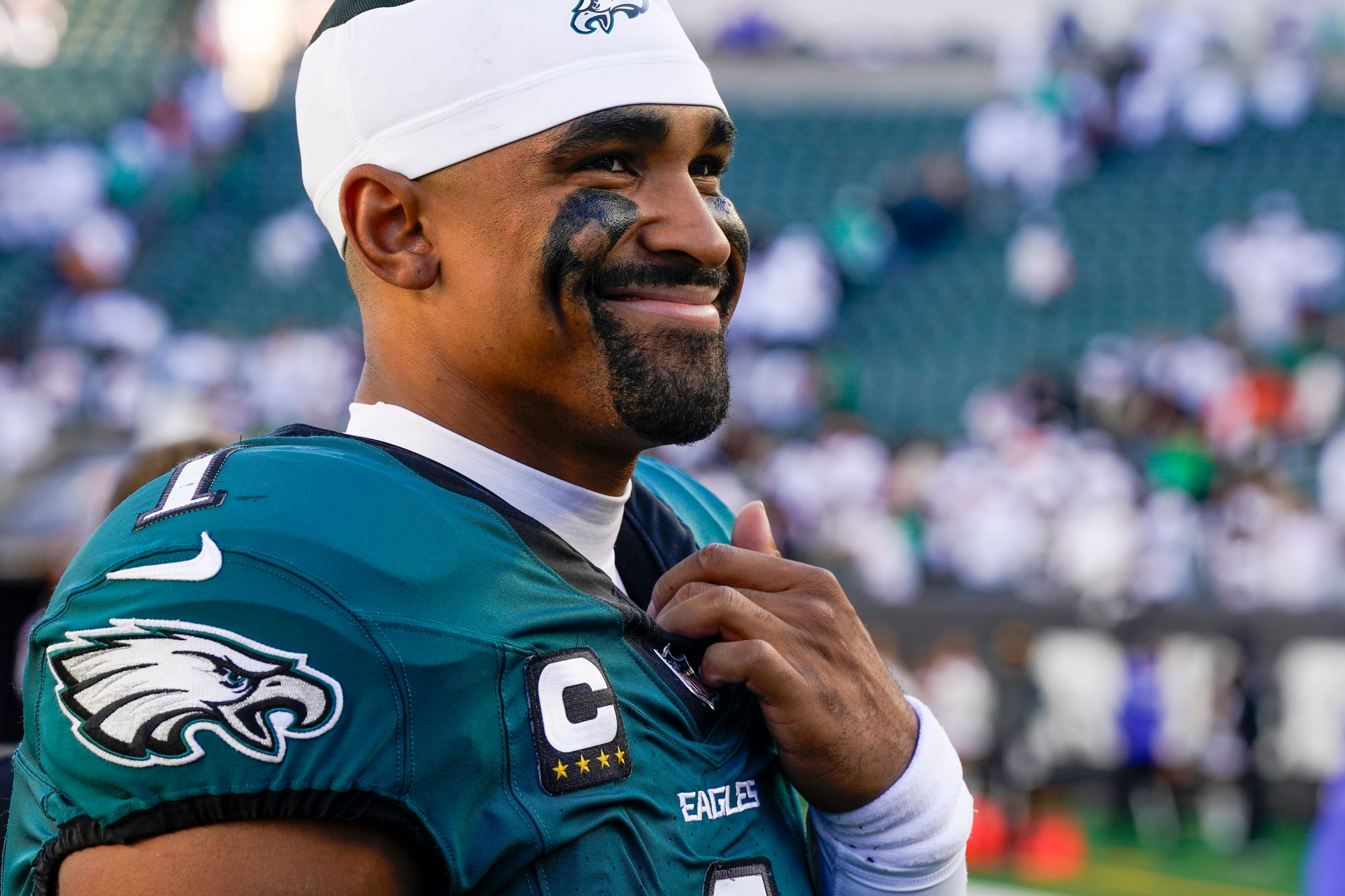 Philadelphia Eagles quarterback Jalen Hurts reacts following an NFL football game against the Cincinnati Bengals, Sunday, Oct. 27, 2024, in Cincinnati. The Eagles won 37-17. (AP Photo/Jeff Dean)