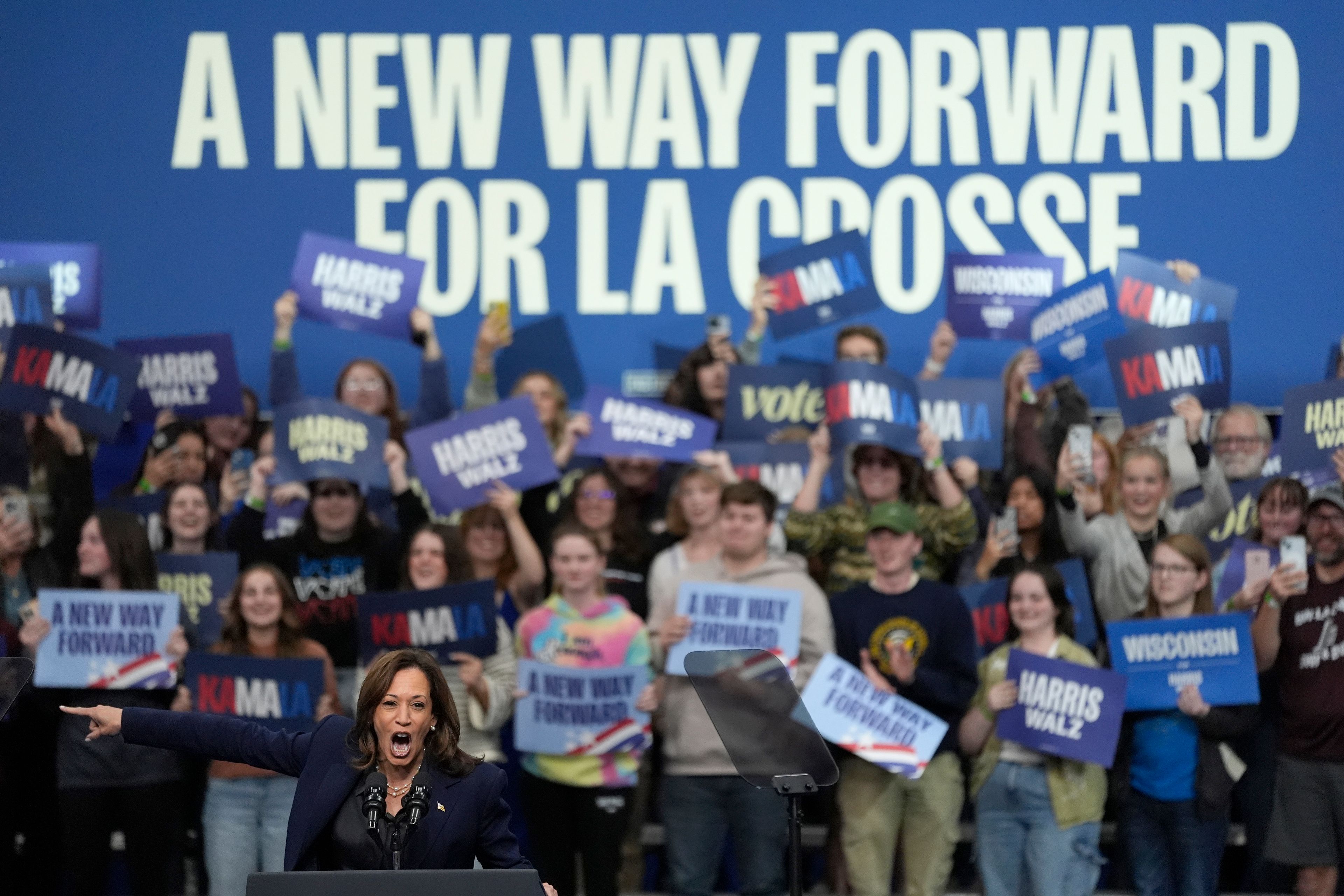 Democratic presidential nominee Vice President Kamala Harris speaks during a campaign rally at the University of Wisconsin La Crosse, in La Crosse, Wis., Thursday, Oct. 17, 2024. (AP Photo/Abbie Parr)