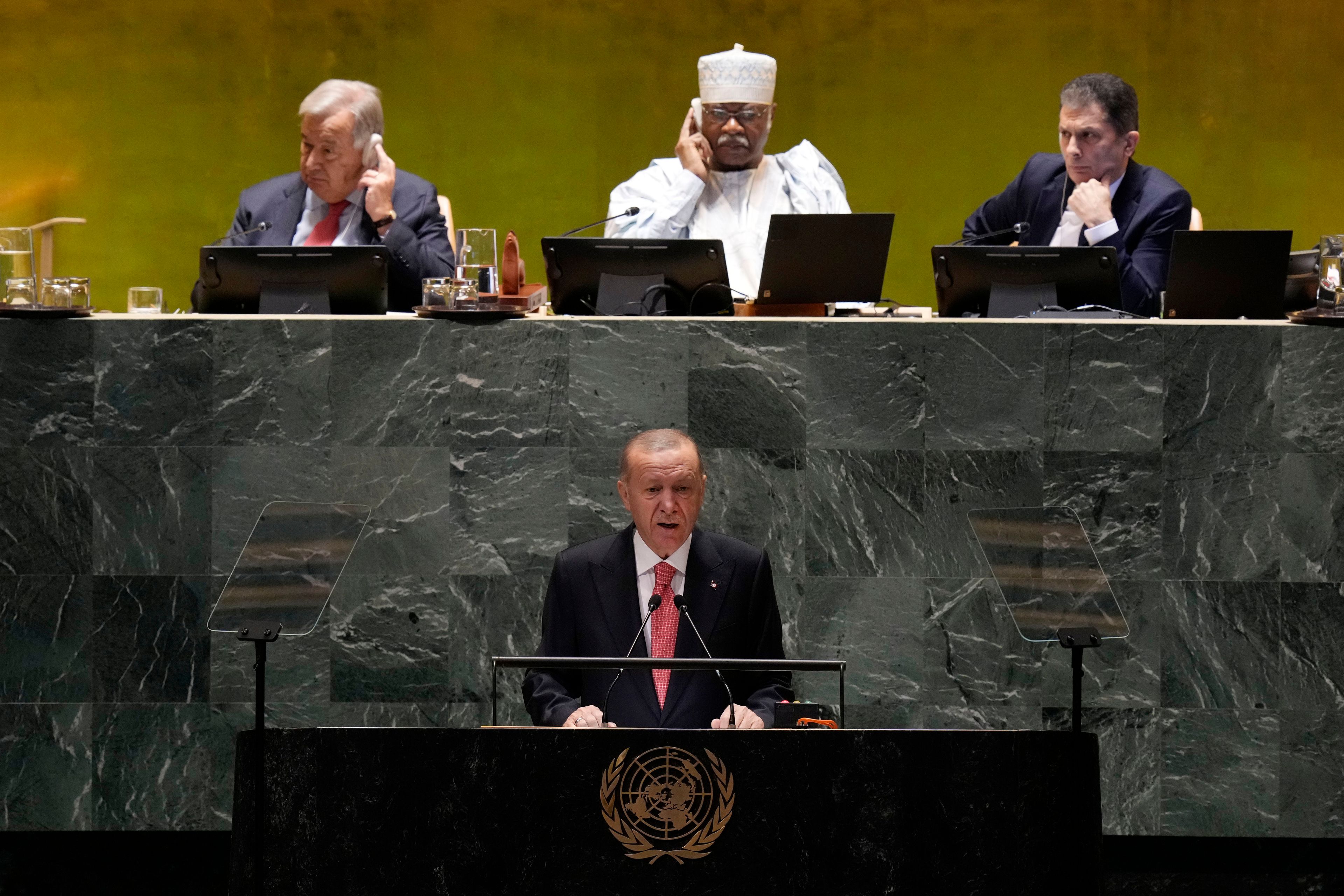 Turkey’s President Recep Tayyip Erdogan addresses the 79th session of the United Nations General Assembly, Tuesday, Sept. 24, 2024. (AP Photo/Richard Drew)