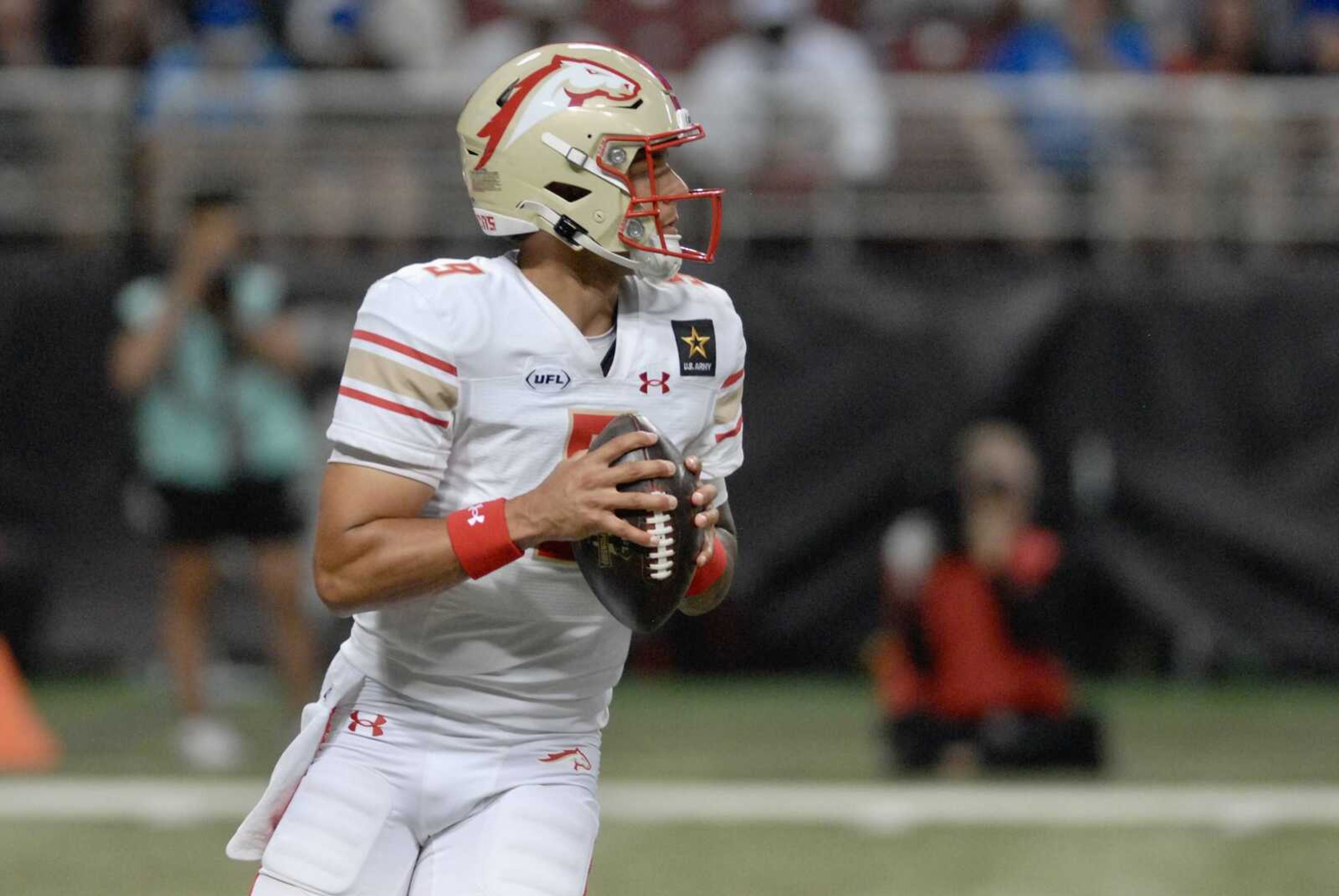 Birmingham Stallions quarterback Adrian Martinez drops back to pass in the UFL Championship Game against the San Antonio Brahmas on Sunday, June 16, in St. Louis. 