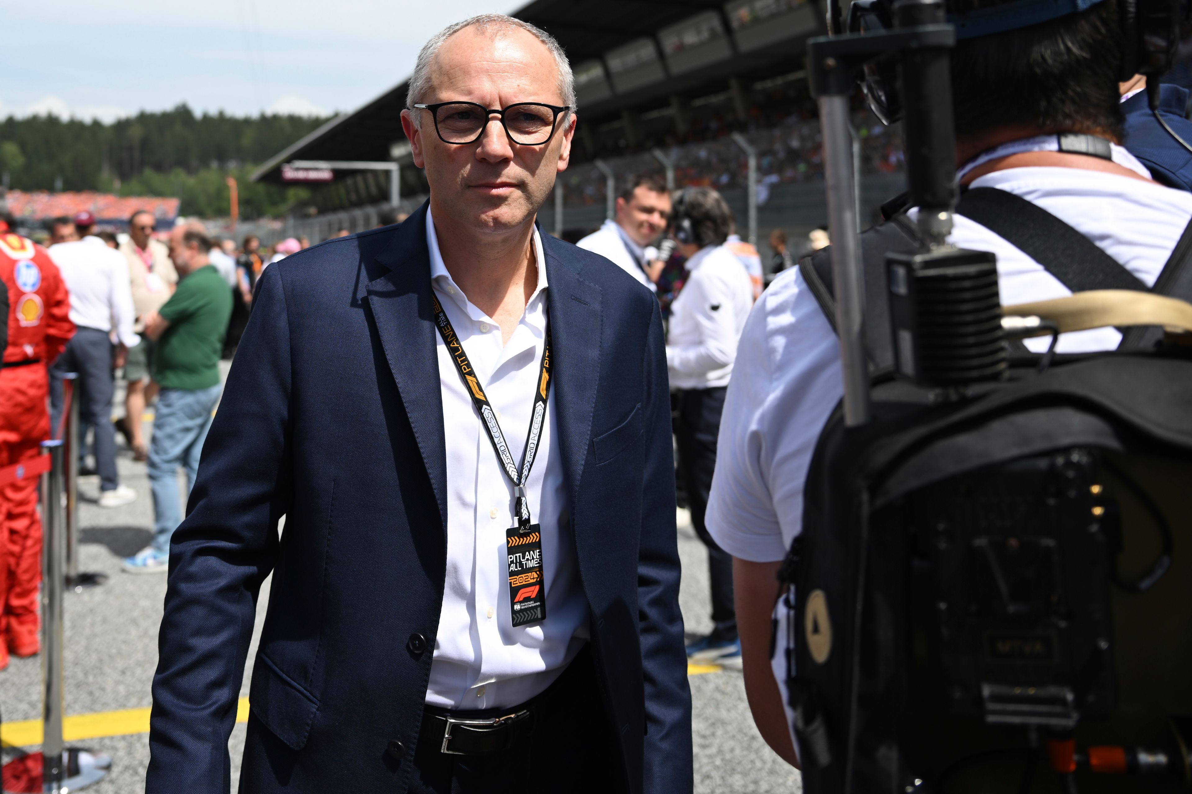 FILE - Formula One President Stefano Domenicali before the start of the Austrian Formula One Grand Prix race at the Red Bull Ring racetrack in Spielberg, Austria, June 30, 2024. (AP Photo/Christian Bruna, File)