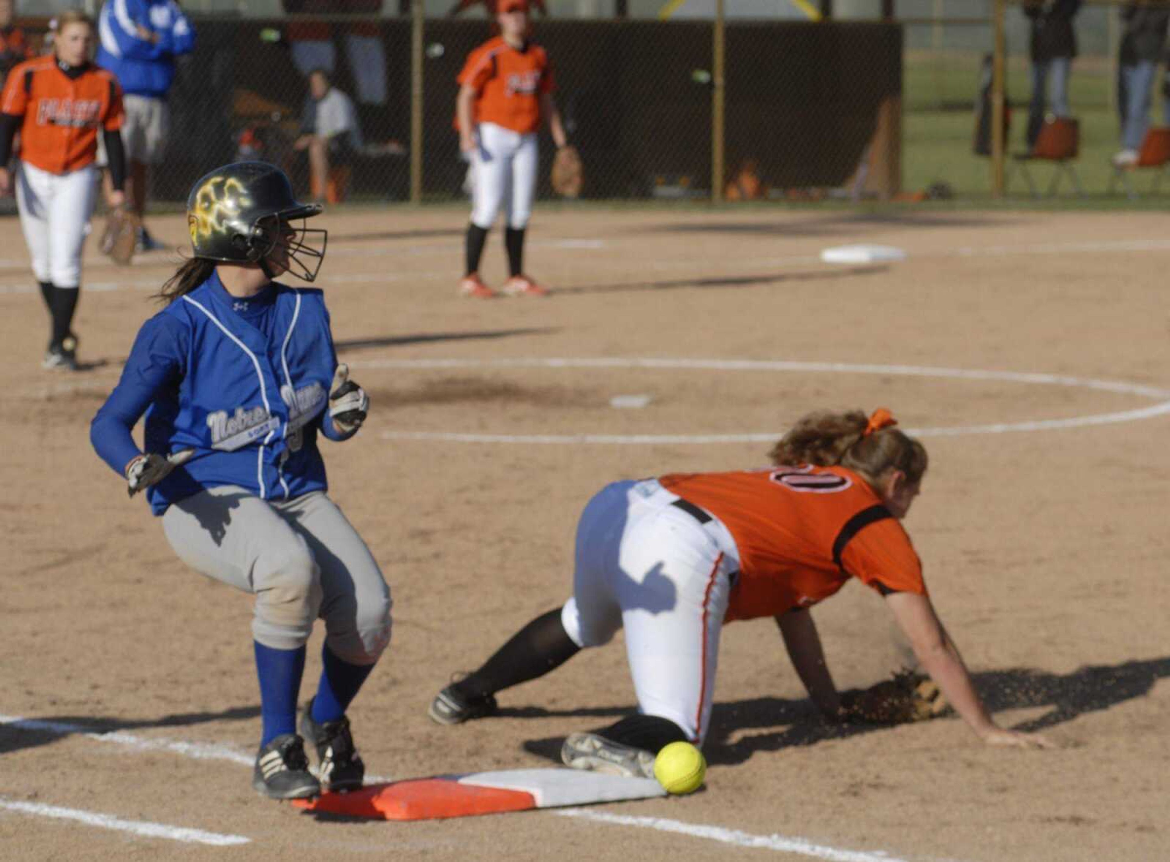 CHUCK WU ~ cwu@semissourian.com
Erika Reinagel of Notre Dame reaches to 2nd base after an error throw made by short stop for the Platte County.