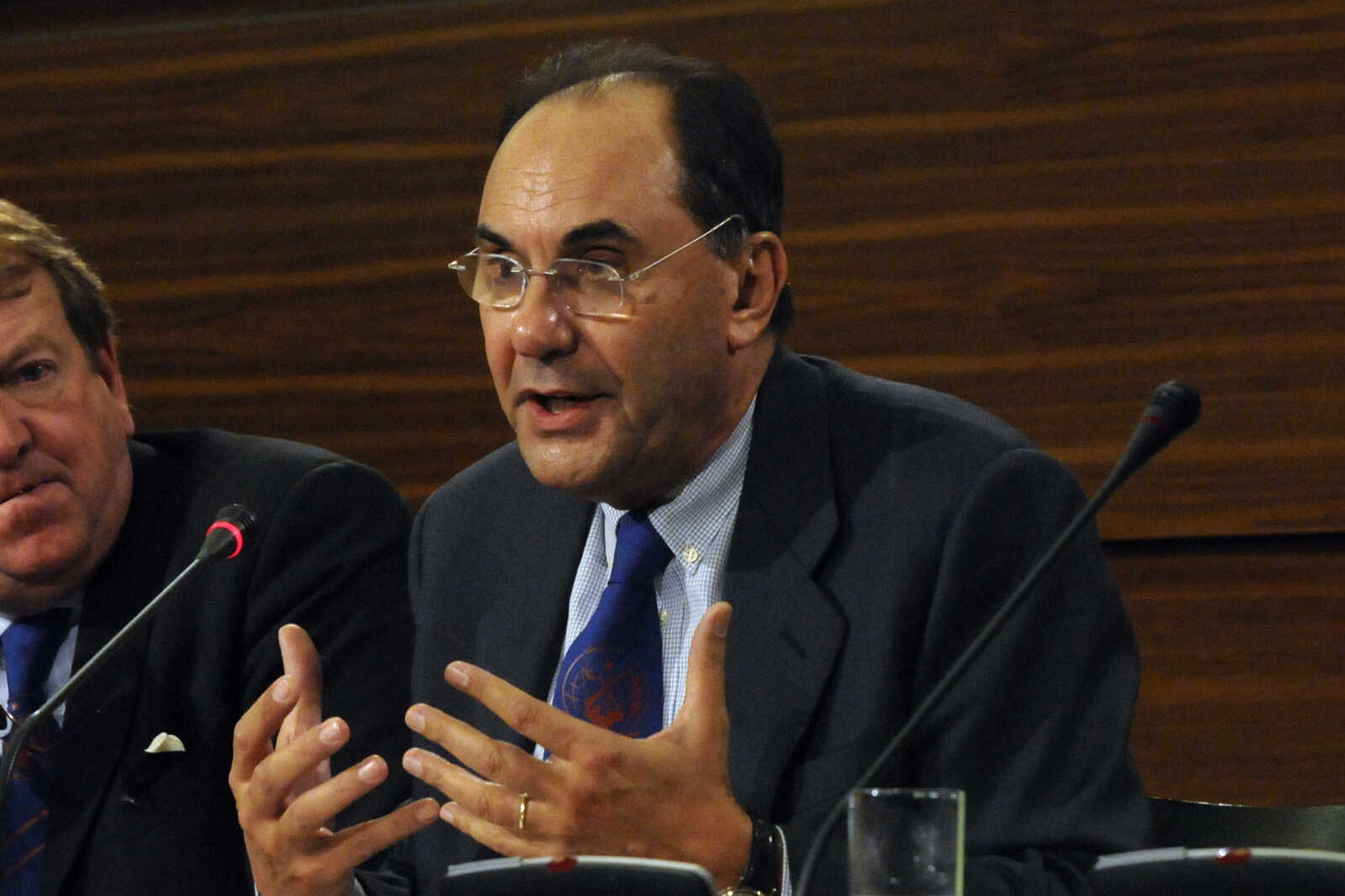 Vice President of the European Parliament Alejo Vidal-Quadras from Spain gestures while talking to the media Jan. 27, 2009, at the European Parliament in Brussels, Belgium.