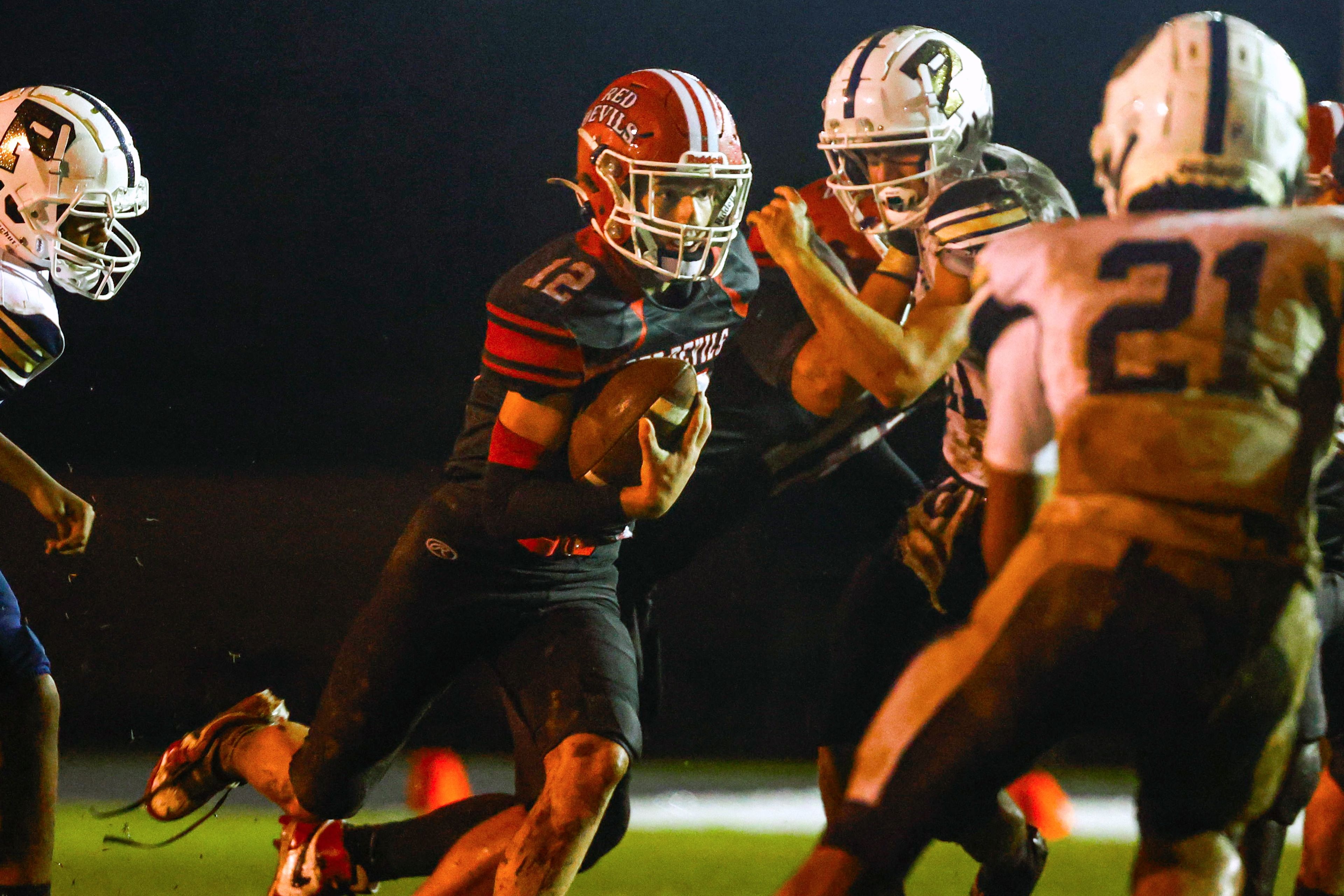 Chaffee Freshman, Cam Phillips, breaks through tackles for a 14 run and a touchdown at Chaffee High School on Friday, September 27th.