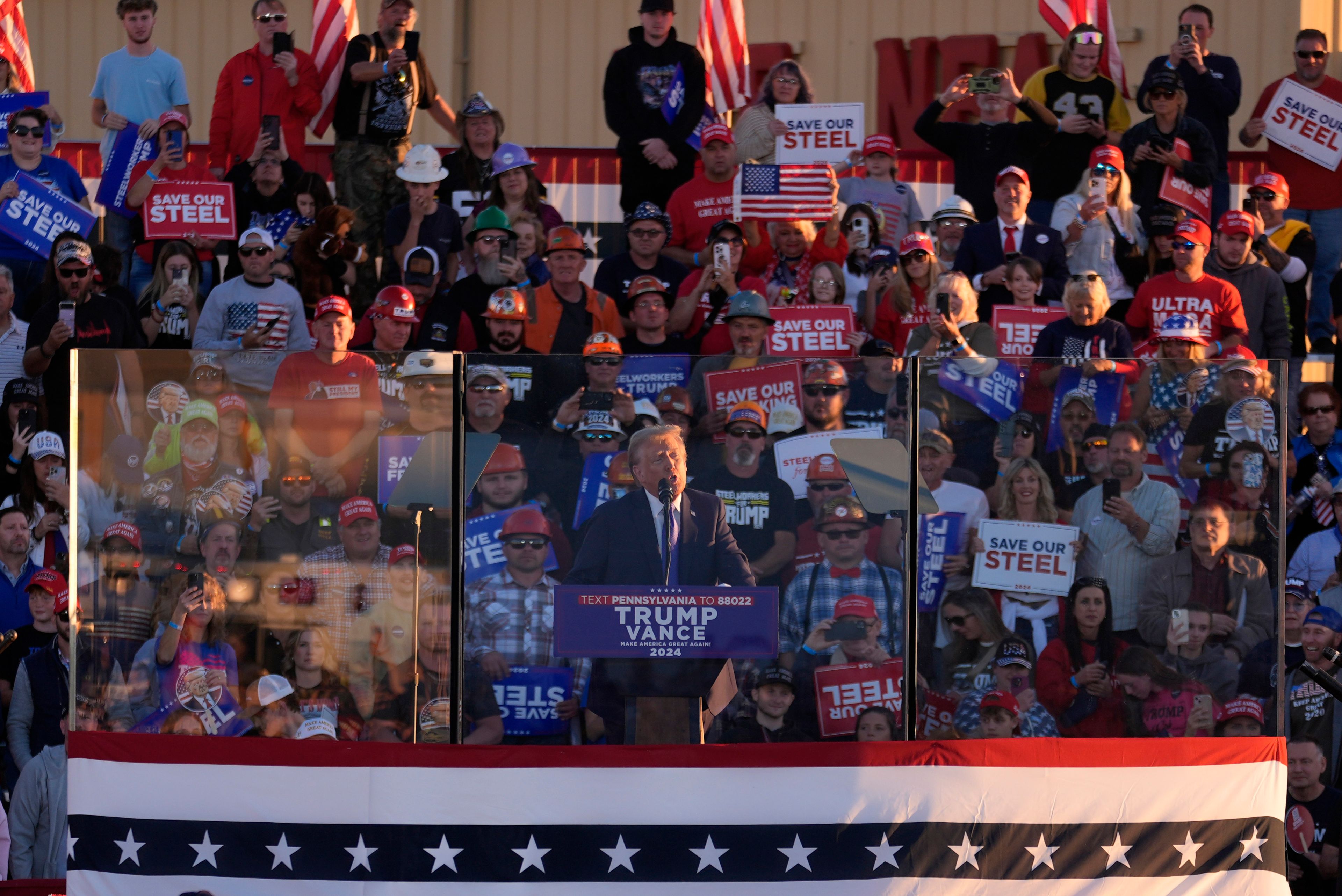 Republican presidential nominee former President Donald Trump speaks at a campaign rally, Saturday, Oct. 19, 2024, at Arnold Palmer Regional Airport in Latrobe, Pa. (AP Photo/Matt Rourke)