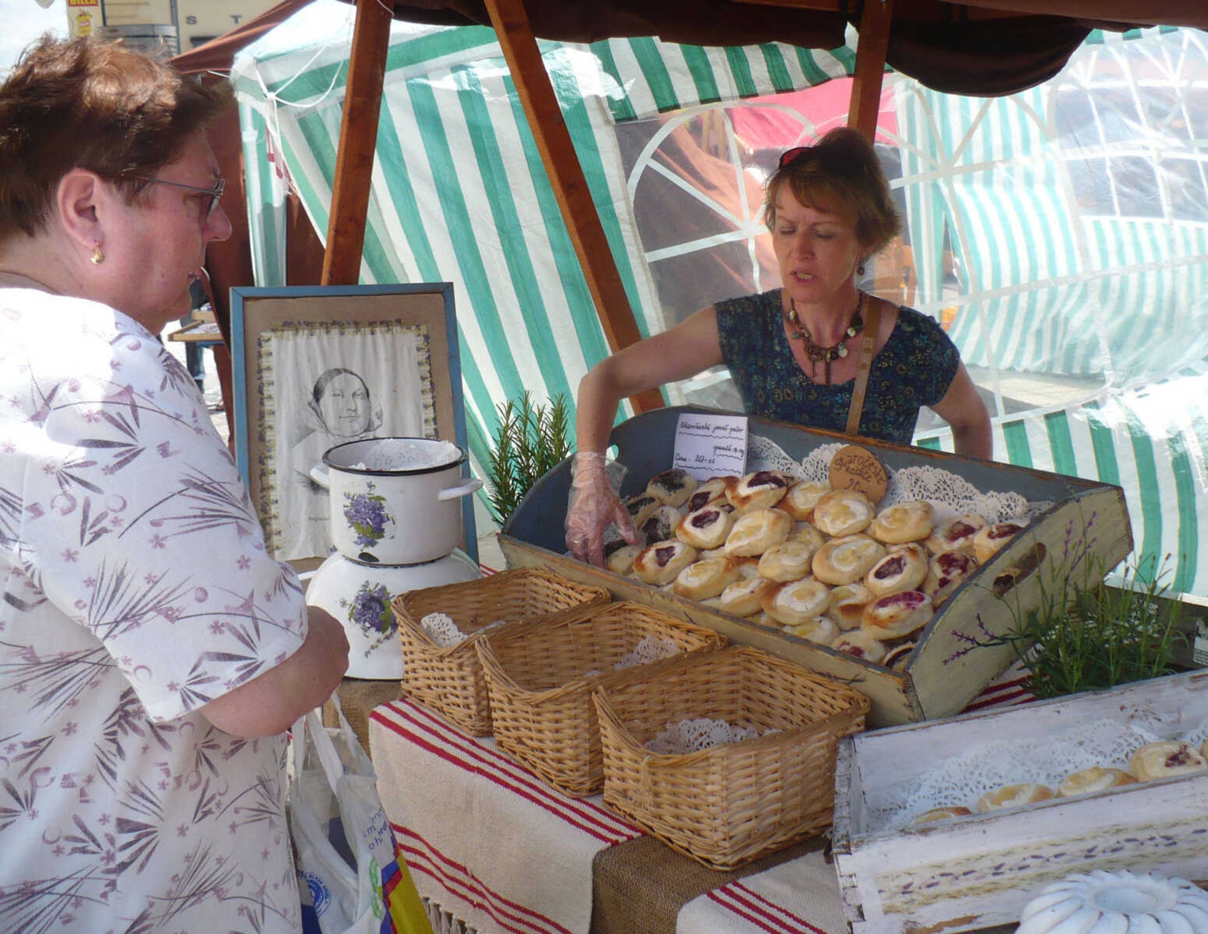 Pastries ready to savor at a stall in a market in Prague.