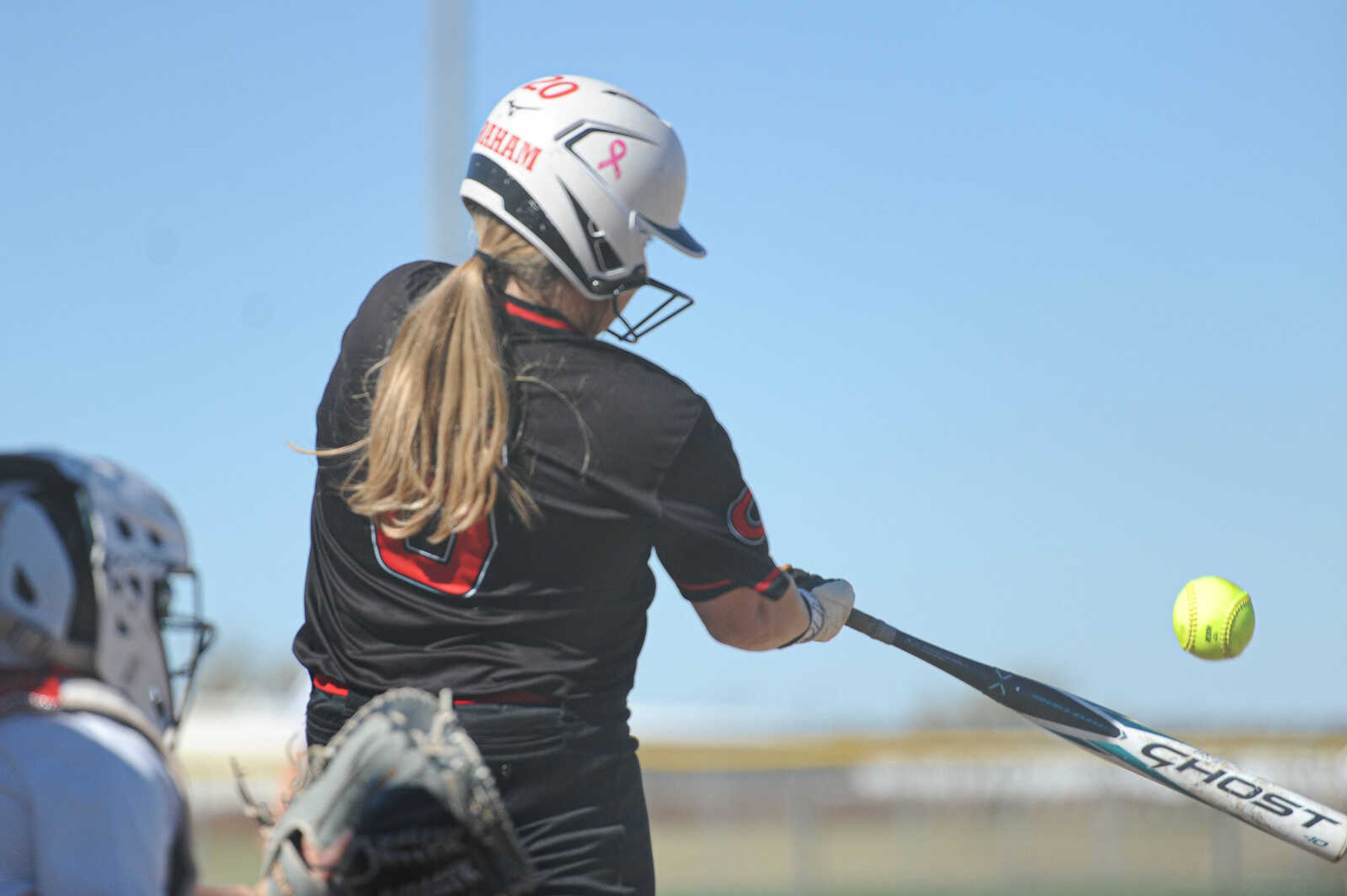 Chaffee’s Paizleigh Graham drives a home run during a 2024 Class 2 semifinal game between the Chaffee Red Devils and the Mid-Buchanan Dragons on Friday, Nov. 1, at Killian Sports Complex in Springfield.