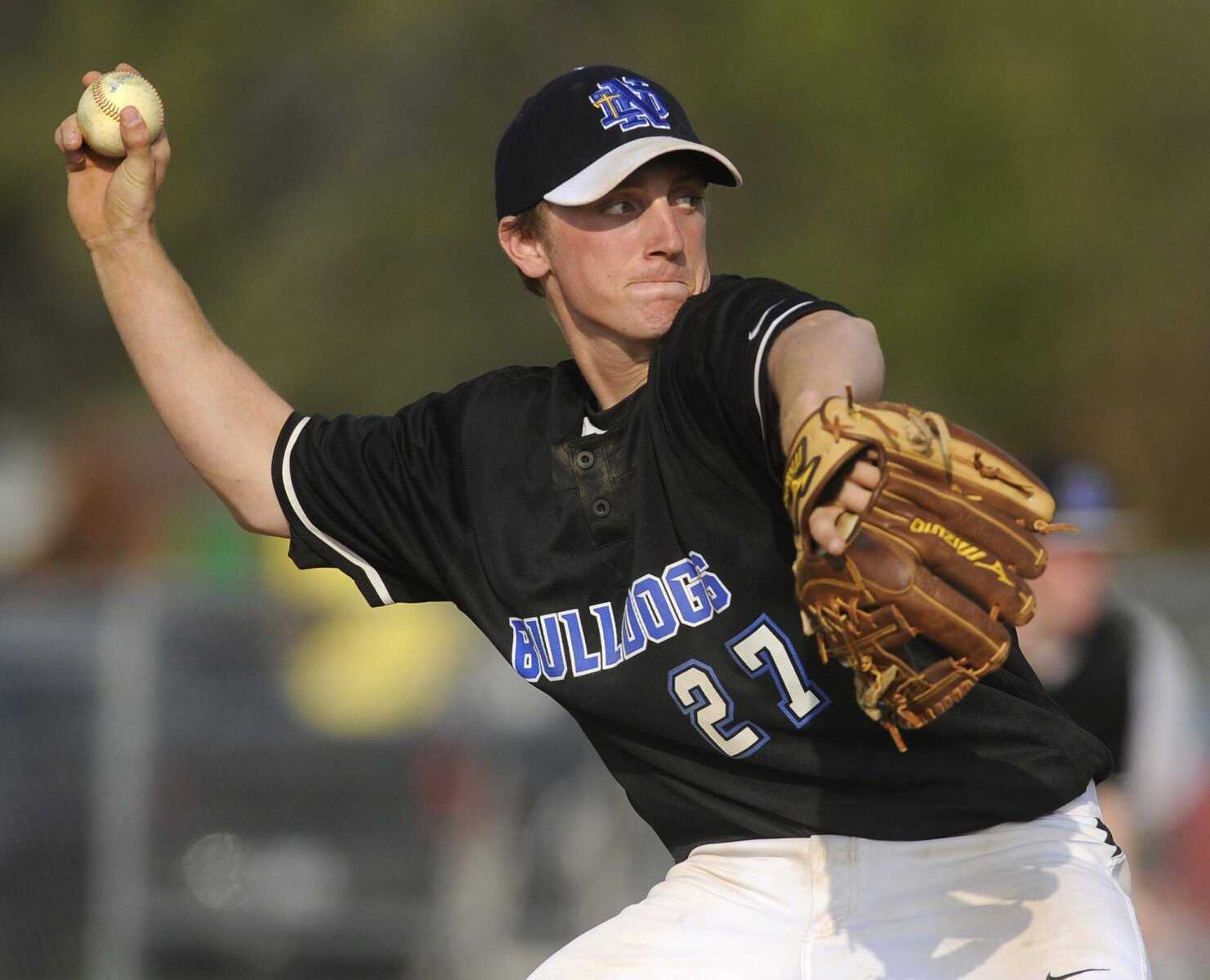 Notre Dame starter Justin Landewee throws to a Scott City batter in the fifth inning Tuesday, April 16, 2013 in Scott City. (Fred Lynch)