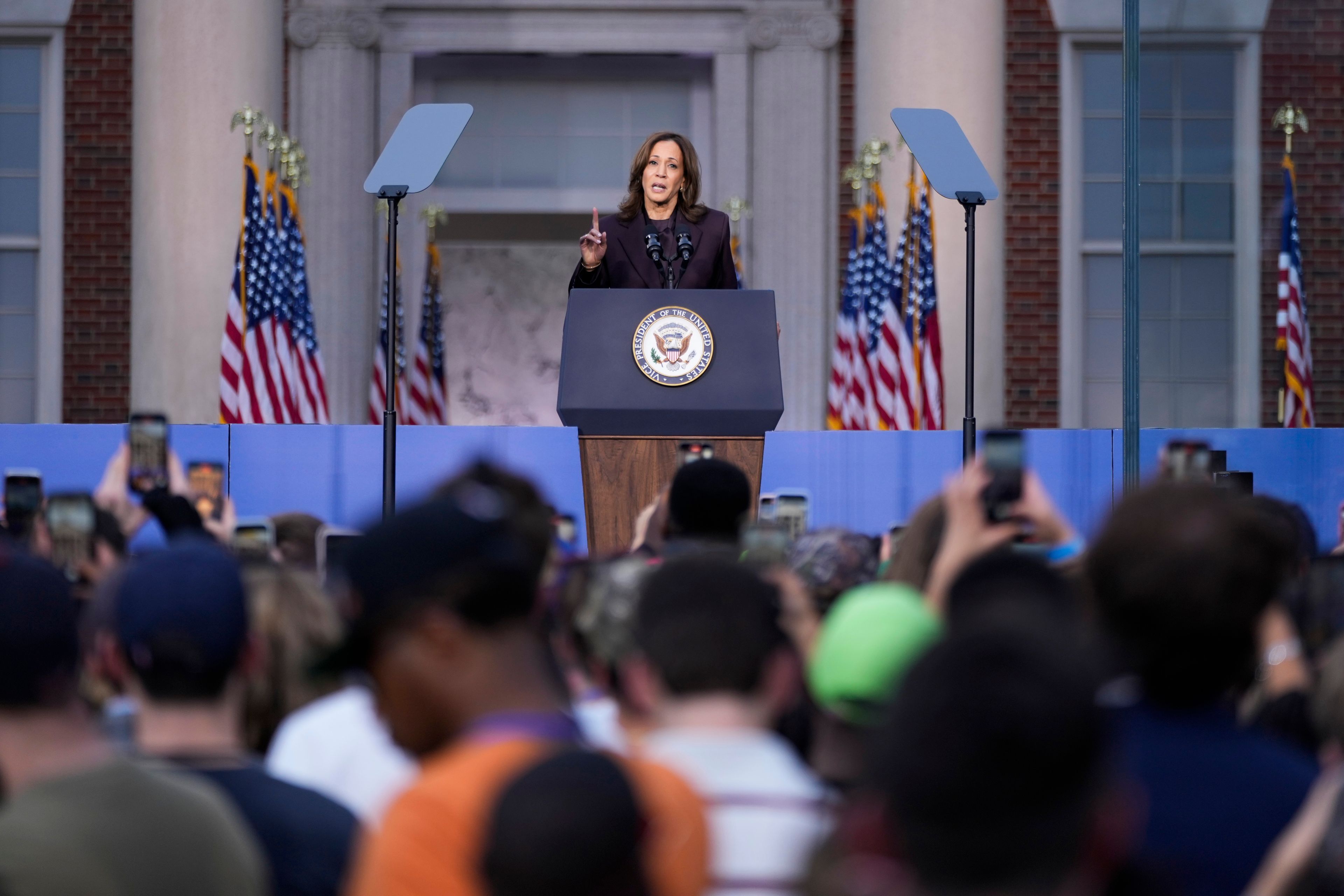 Vice President Kamala Harris delivers a concession speech for the 2024 presidential election on the campus of Howard University in Washington, Wednesday, Nov. 6, 2024. (AP Photo/Ben Curtis)