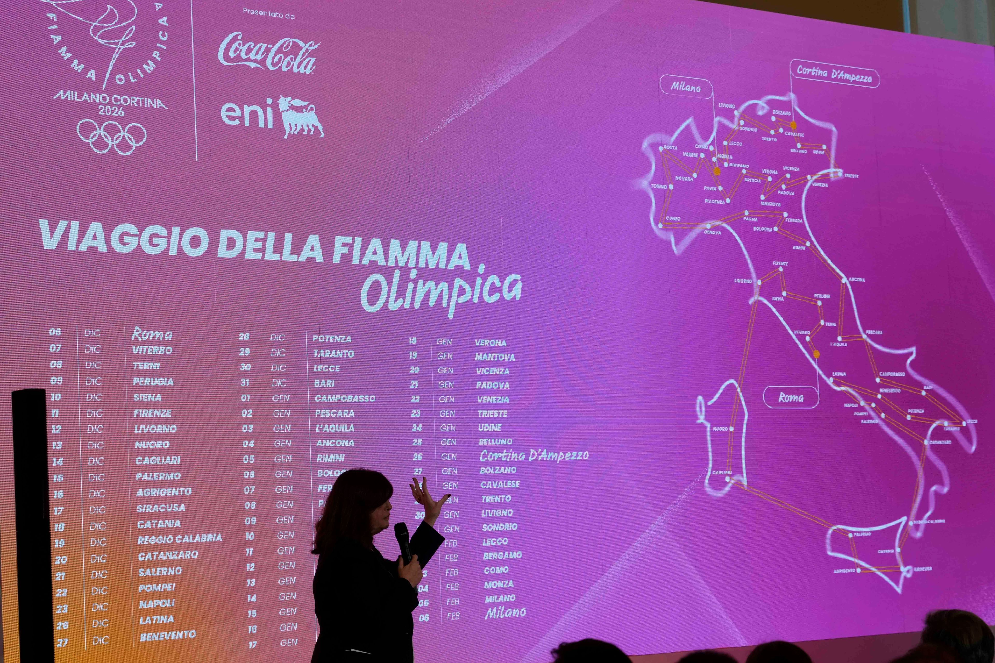 A frame of the torch route is displayed on a screen during a news conference to present the 2026 Winter Olympics and Paralympics torch route, in Verona, Italy, Tuesday, Nov. 26, 2024. (AP Photo/Luca Bruno)