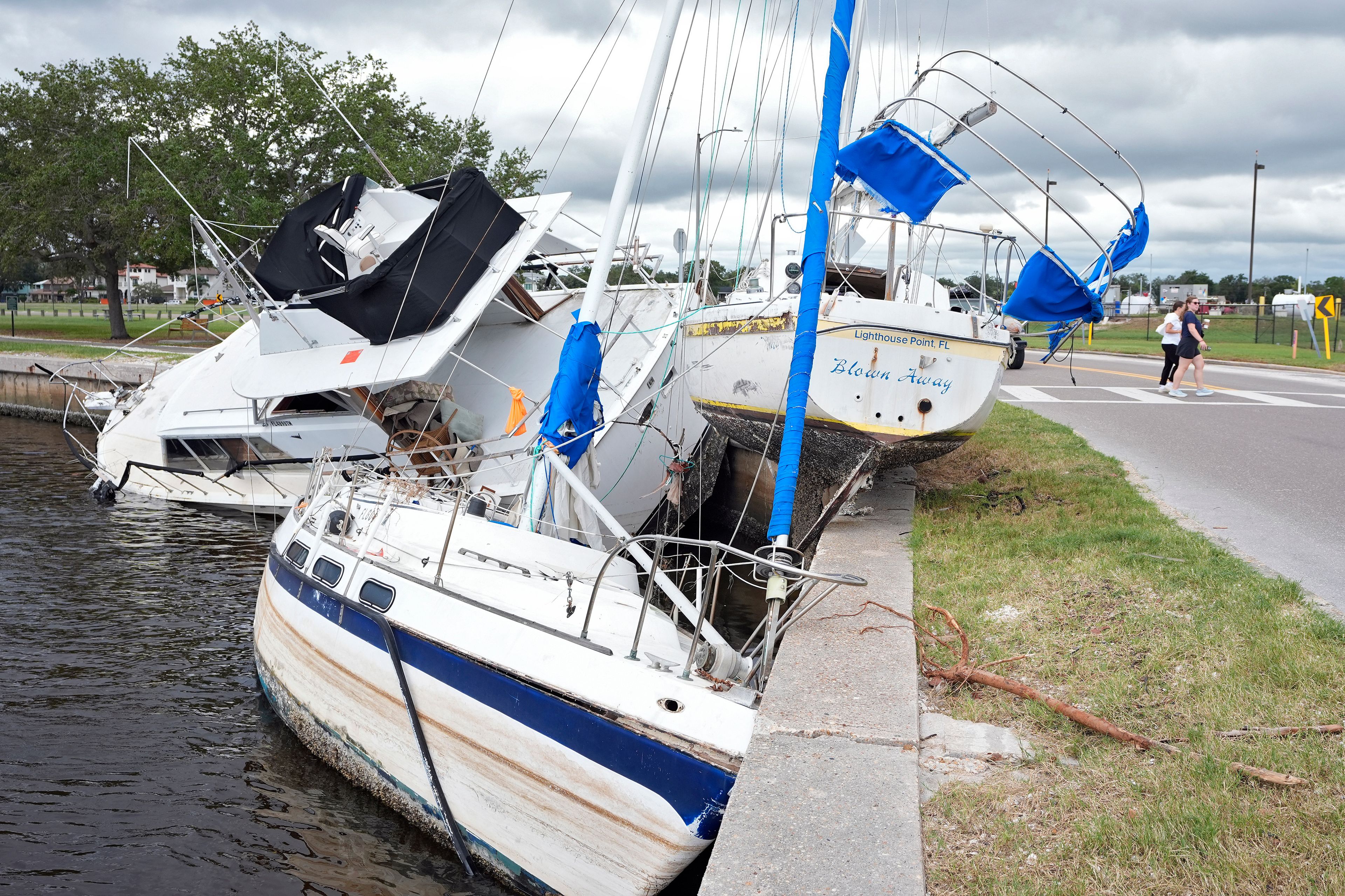 Boats destroyed during Hurricane Helene are shown on the Davis Islands Yacht Basin ahead of the possible arrival of Hurricane Milton Monday, Oct. 7, 2024, in Tampa, Fla. (AP Photo/Chris O'Meara)