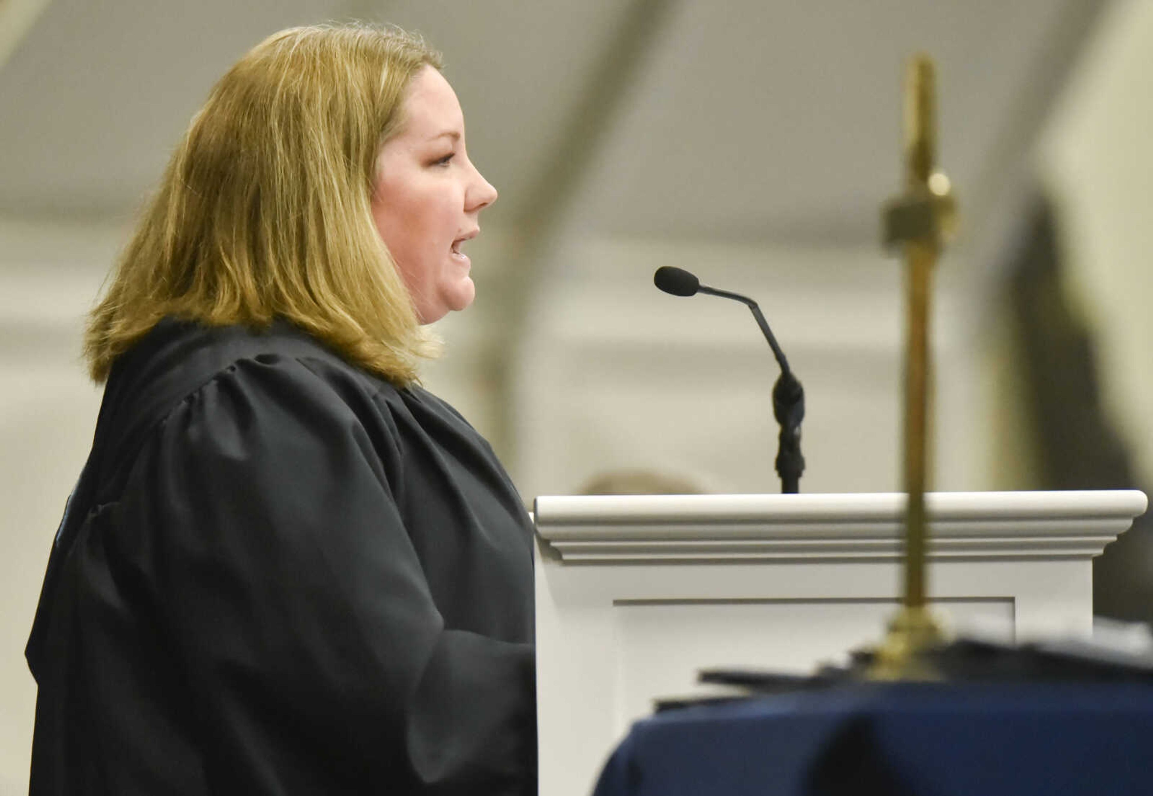 Laura Hayden gives a commencement address during graduation Sunday, May 20, 2018 at Saxony Lutheran High School in Jackson.