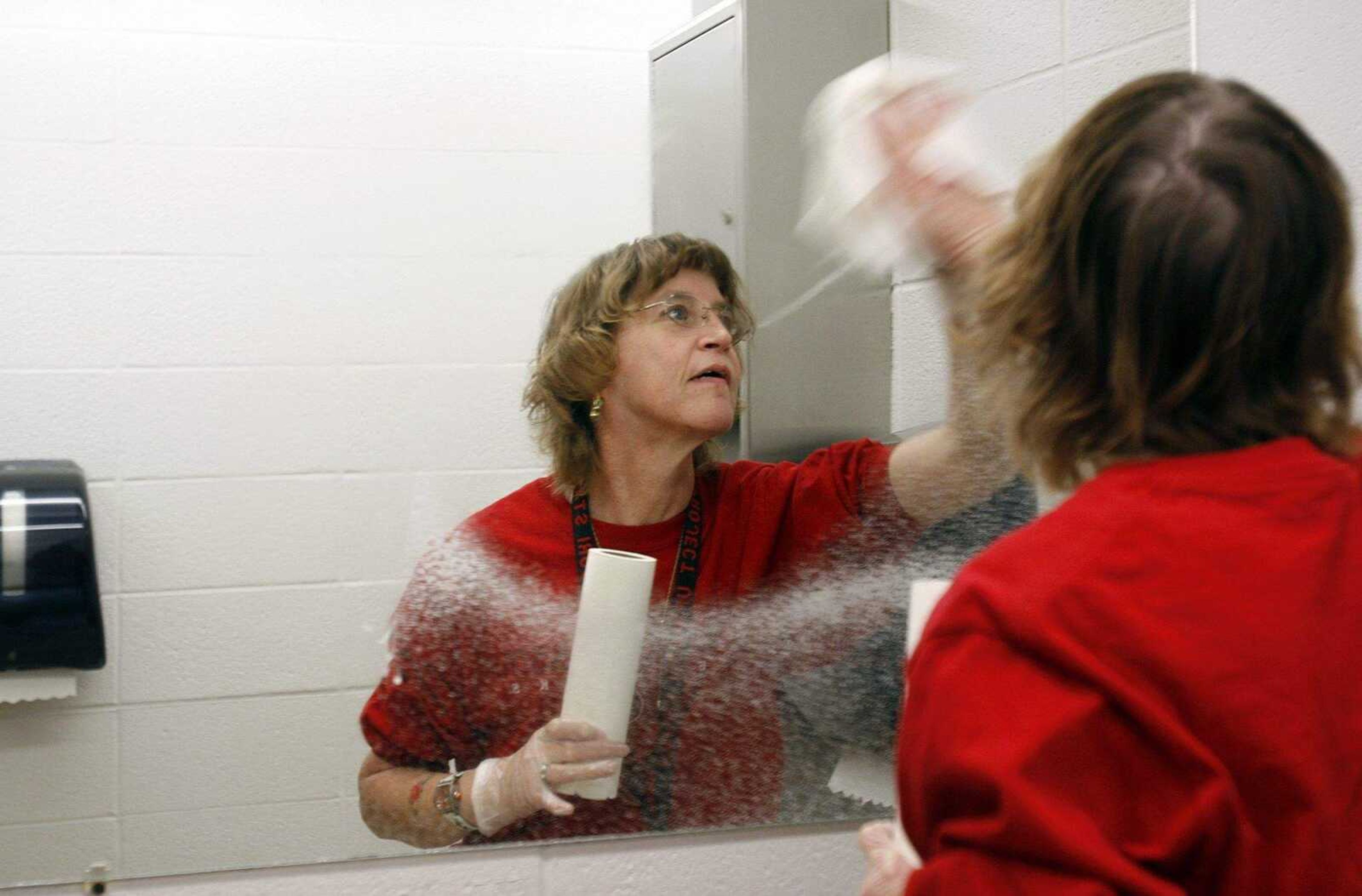 ELIZABETH DODD ~ edodd@semissourian.com
Eileen Tripp, of Cape Girardeau, is a custodian at Southeast Missouri State University and cleans 34 bathrooms every night Monday thru Friday. Tripp's typical shift is 4p.m. to midnight but she says she likes the night shift. "Most people say 'Gross bathrooms!' but I don't mind, it doesn't bother me," Tripp said.