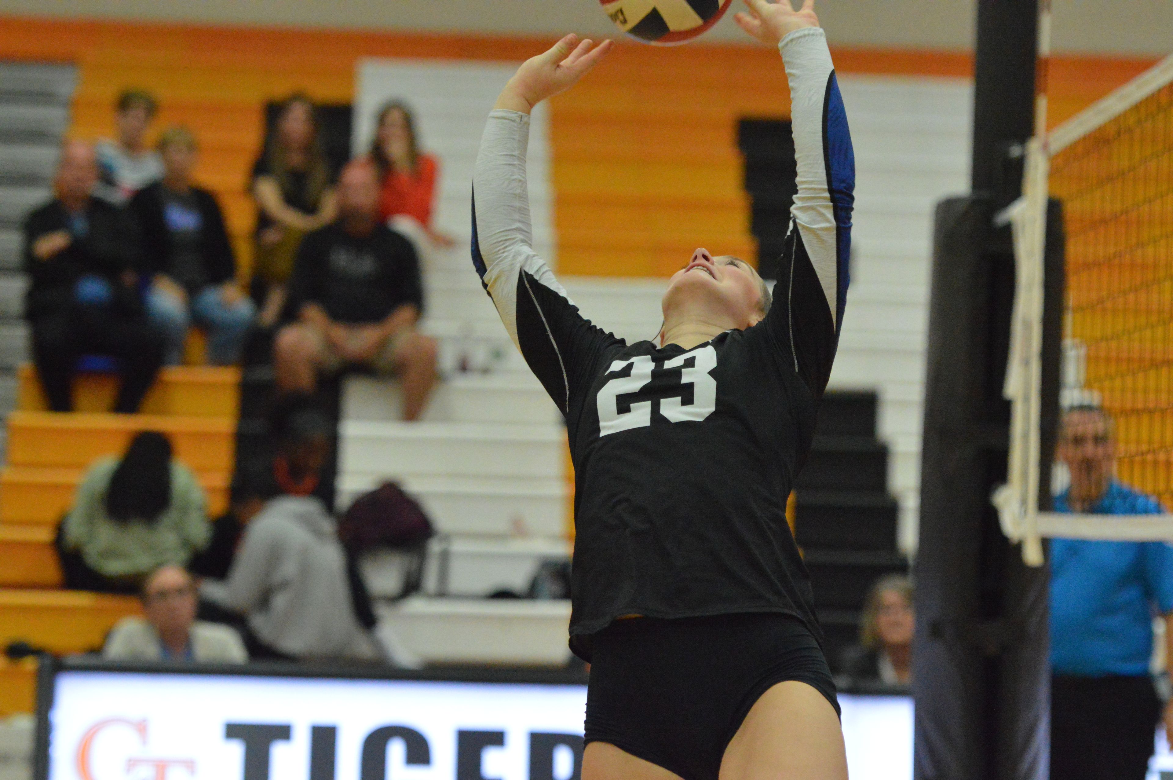 Bernie junior Alexa Dillinger sets the ball for her Lady Mule teammates against Cape Central on Monday, Sept. 16.