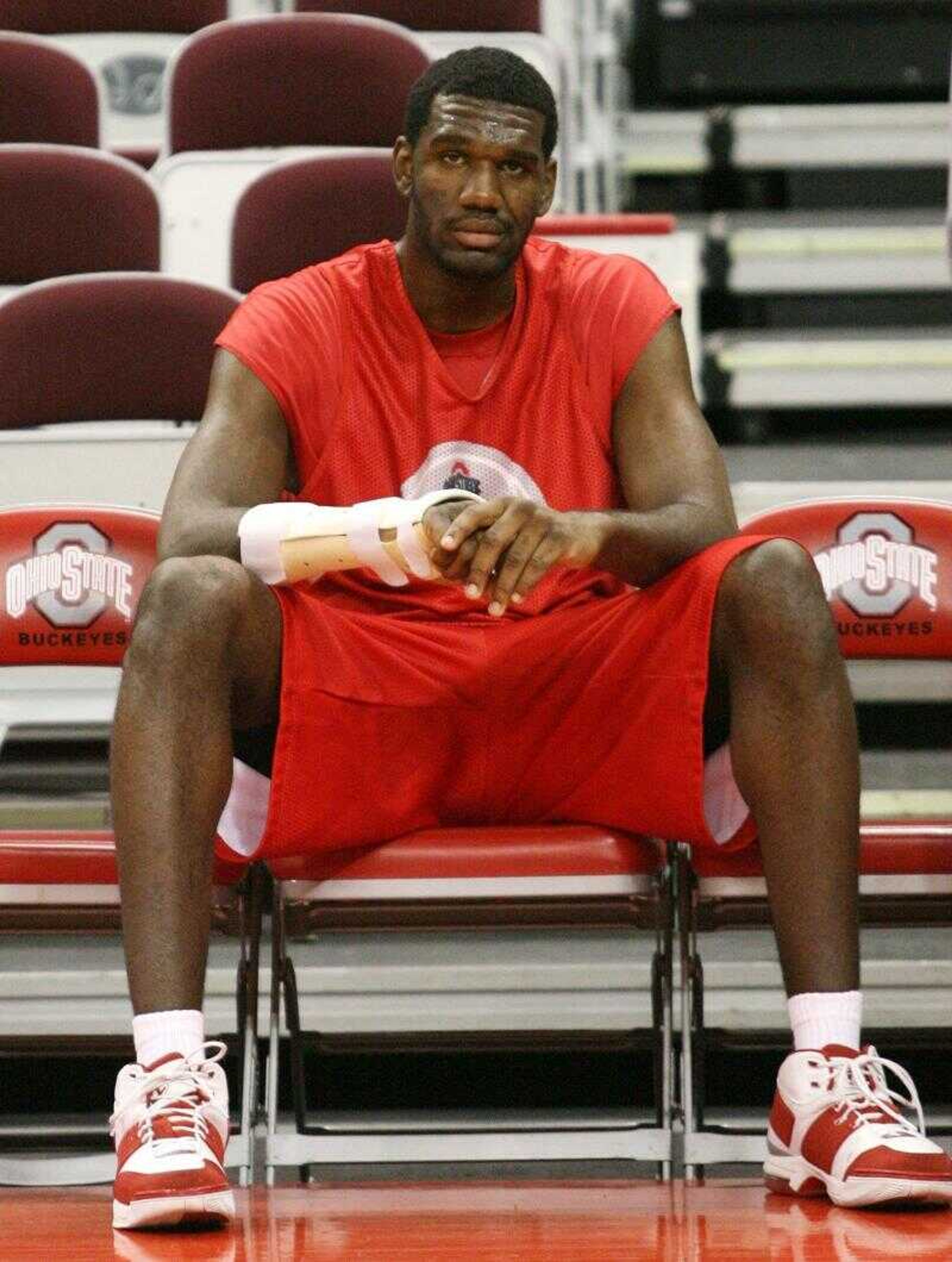 Ohio State freshman center Greg Oden sat on the bench before a recent exhibition game against Findlay in Columbus, Ohio. Oden, a two-time national high school player of the year, is one of the most highly anticipated college freshmen in years.