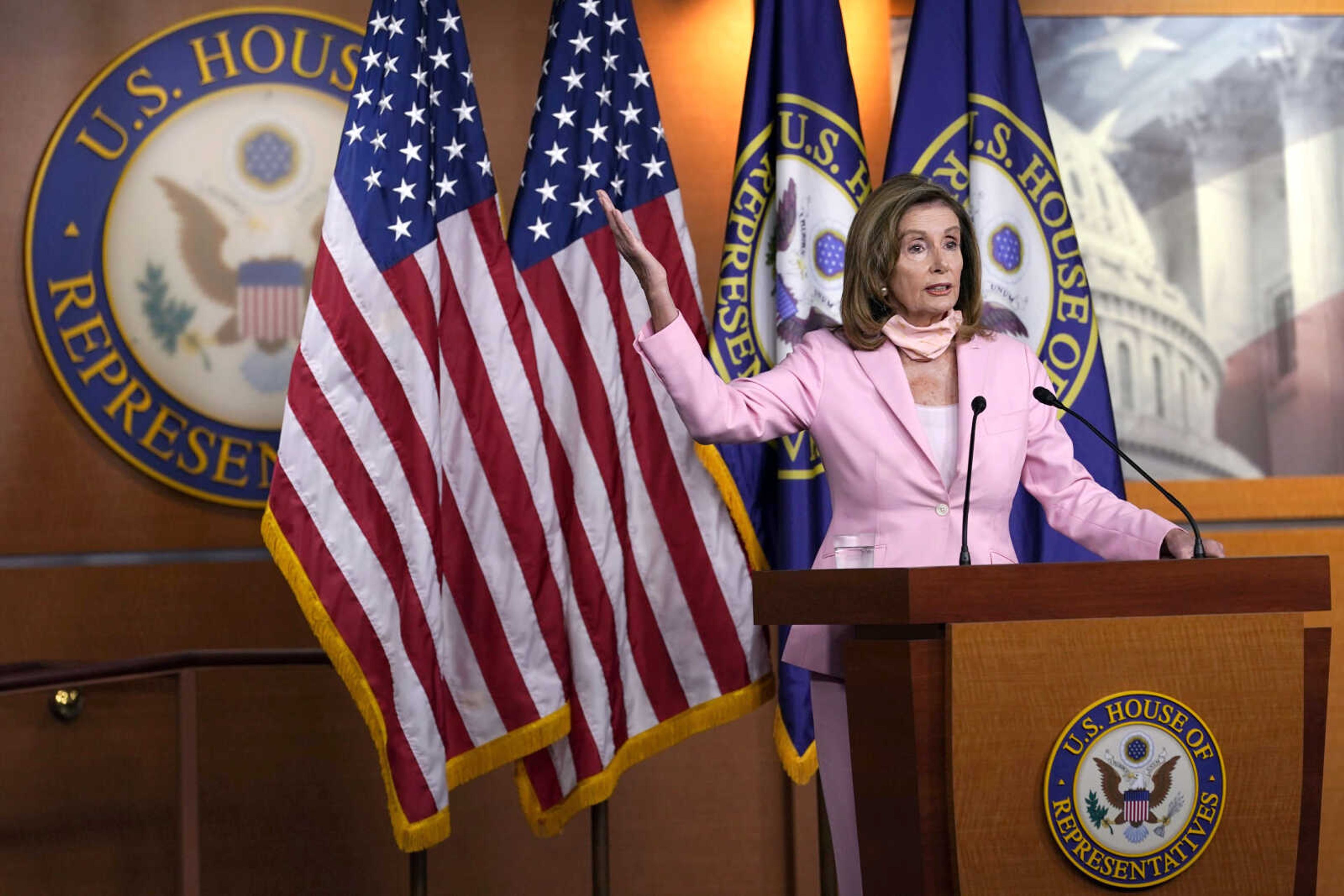 House Speaker Nancy Pelosi of California speaks during a news conference on Capitol Hill on Saturday in Washington.